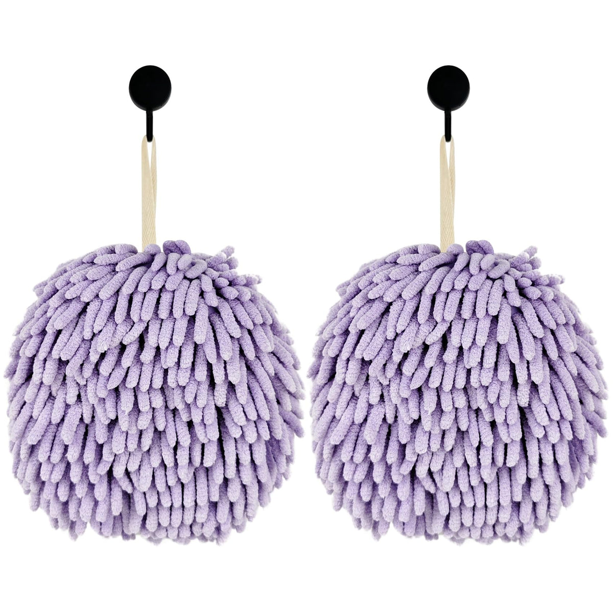 Fuzzy Ball Hand Towels, Set of 2, Chenille Quick Dry, 6.9inchPurple