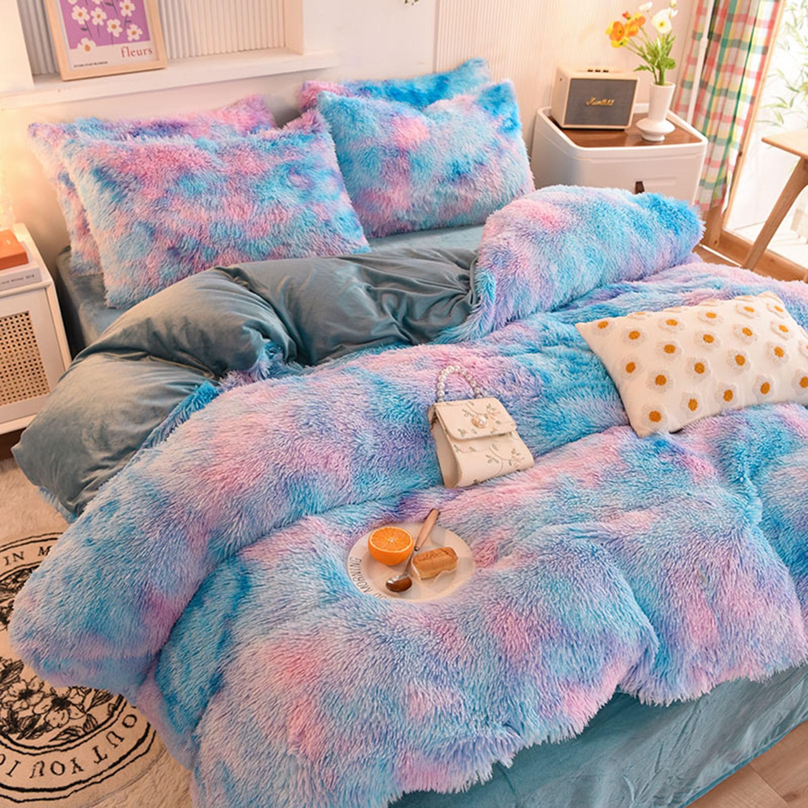 ZIQINPSQ Tie Dye Plush Shaggy Duvet Cover Set | Soft Faux Fur Bedding - Blue