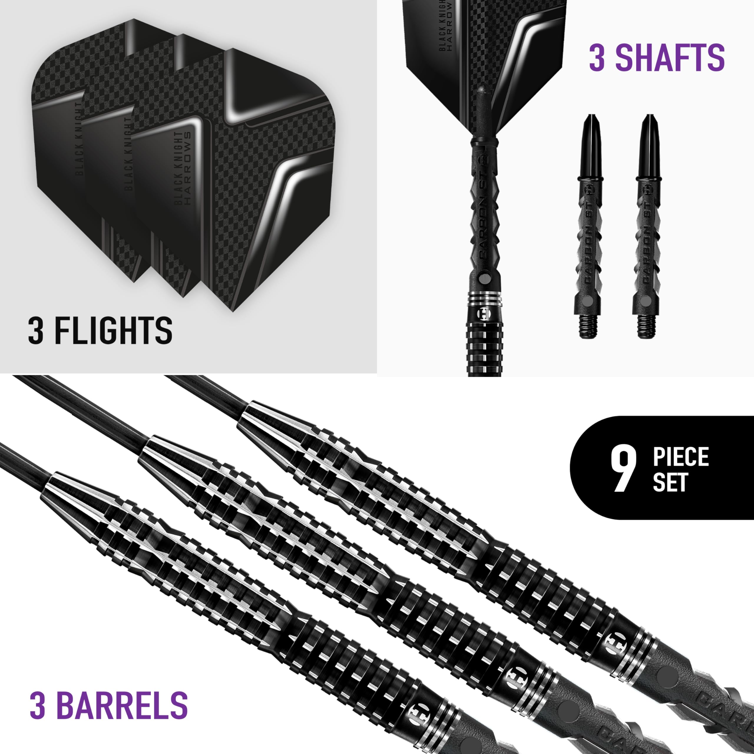 Harrows Black Knight 90% Tungsten Steel Tip Darts Set | 25g Black