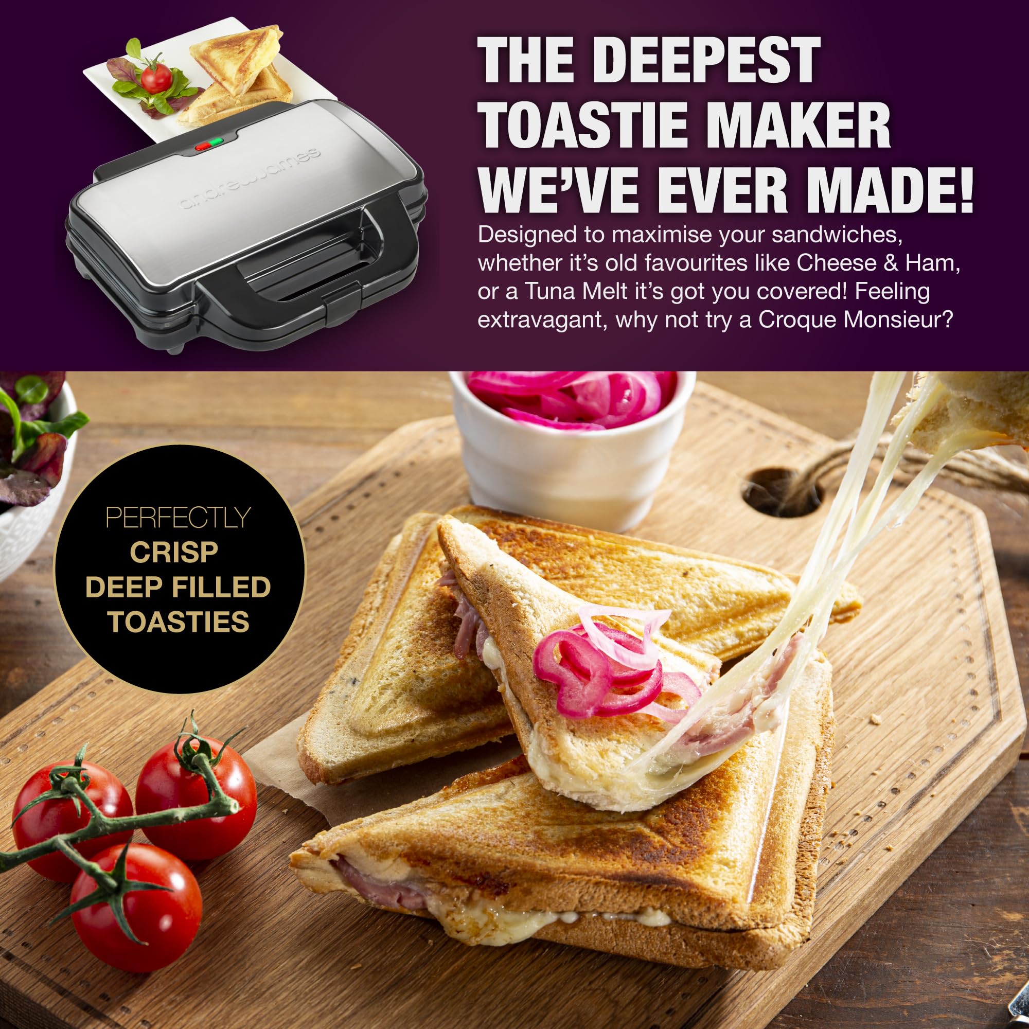 Andrew James Deep Fill Sandwich Maker | 4 Slice Non-Stick 900W Grill