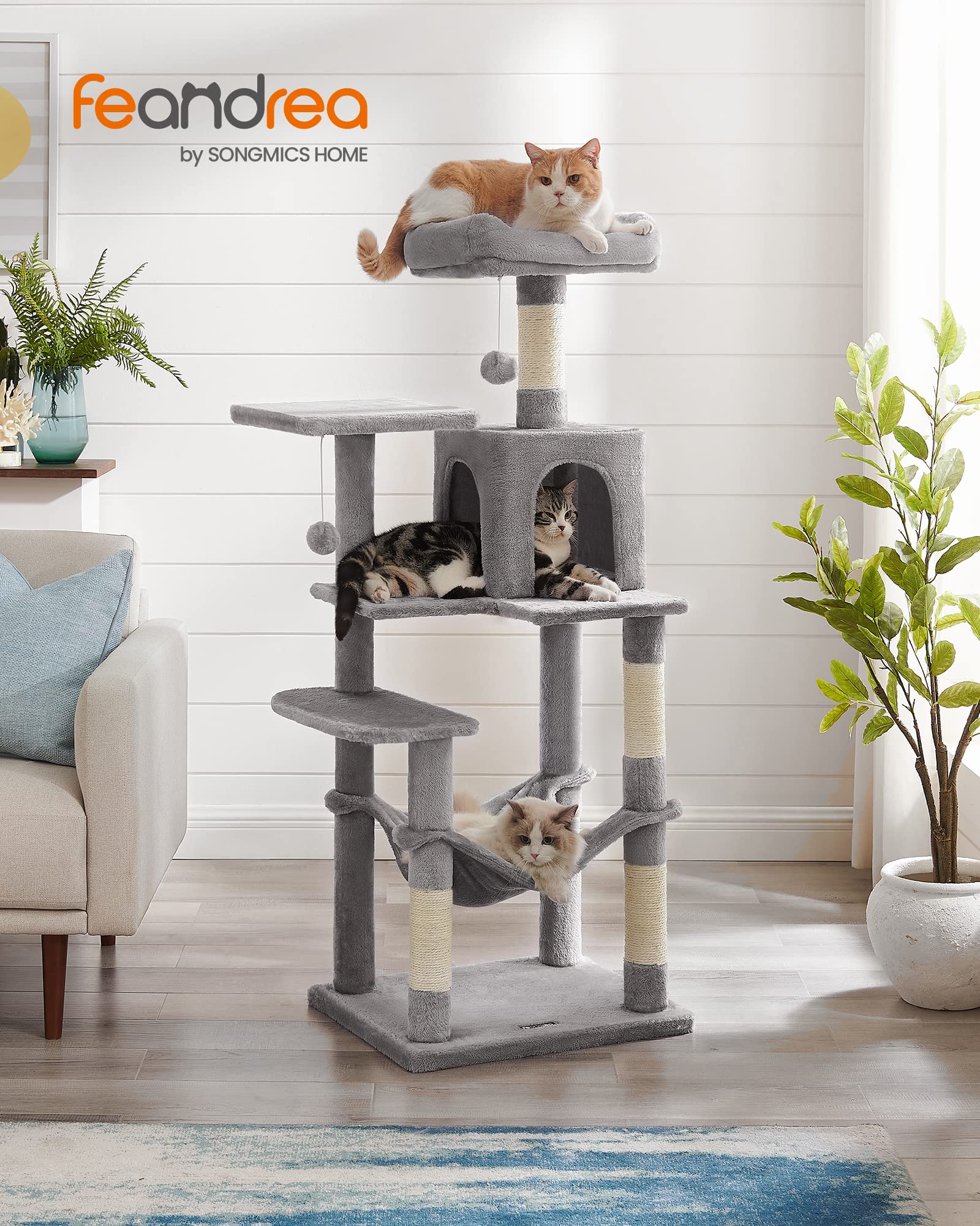 Feandrea 143cm Cat Tree – Multi-Level Cat Tower with Condo and Hammock
