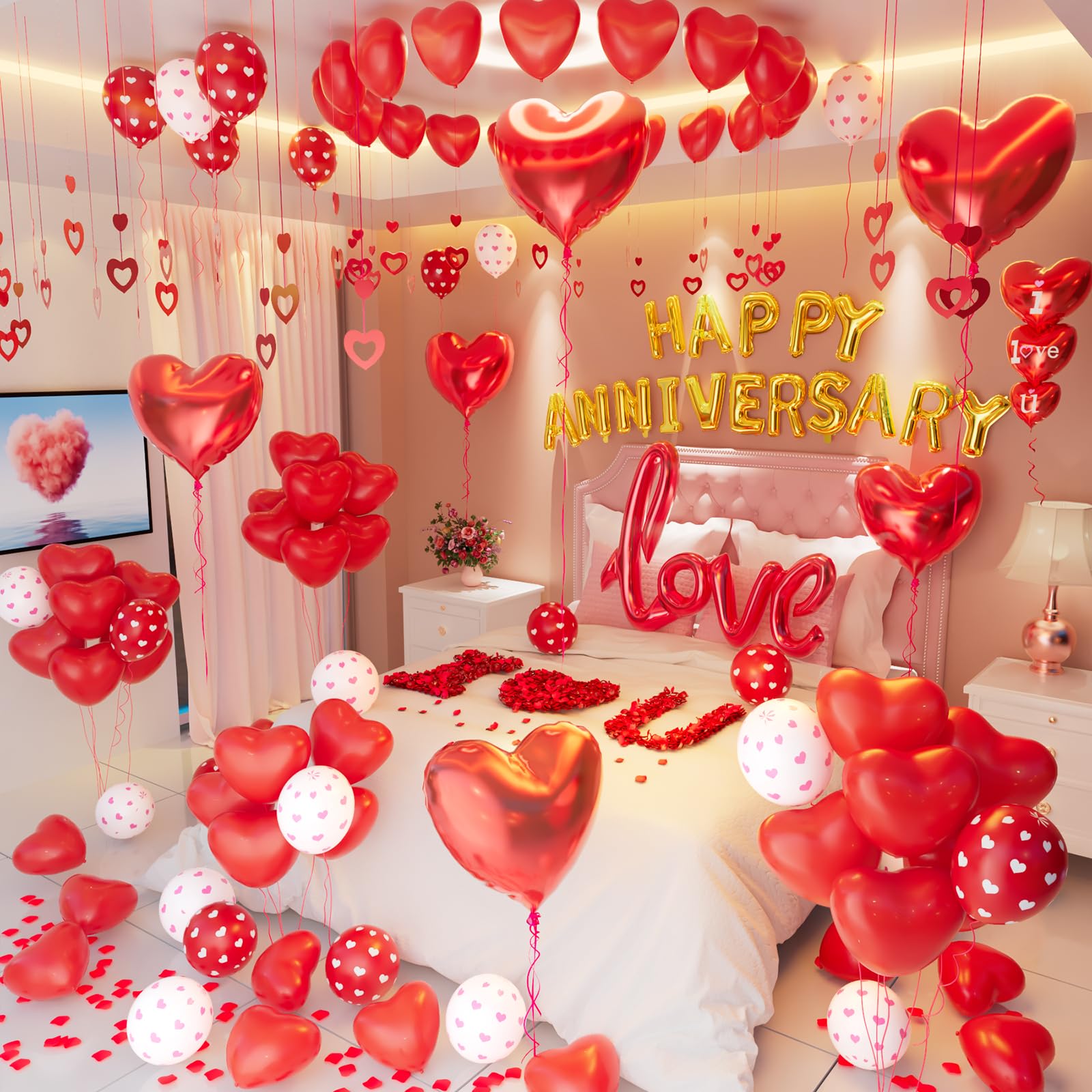 Anniversary Decorations Kit - Red Heart Balloons & Rose Petals