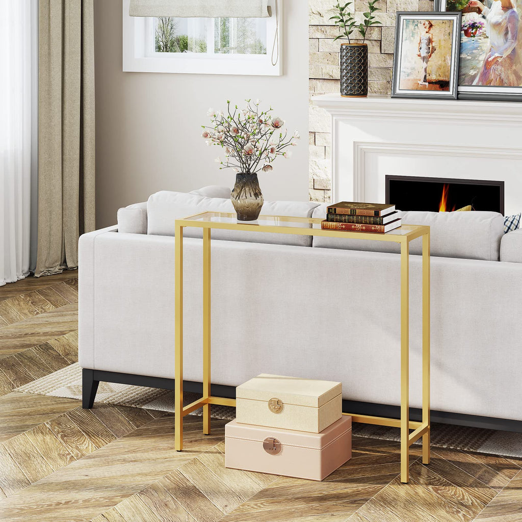 HOOBRO Gold Console Table | Slim Tempered Glass Sofa Table for Entryway