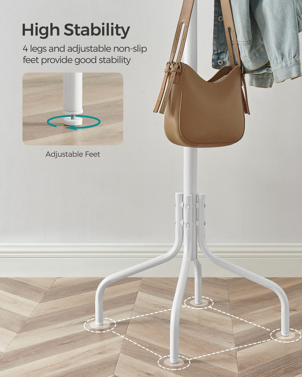 SONGMICS Metal Coat Rack – 12 Hooks & 4 Legs Standing Organizer, White