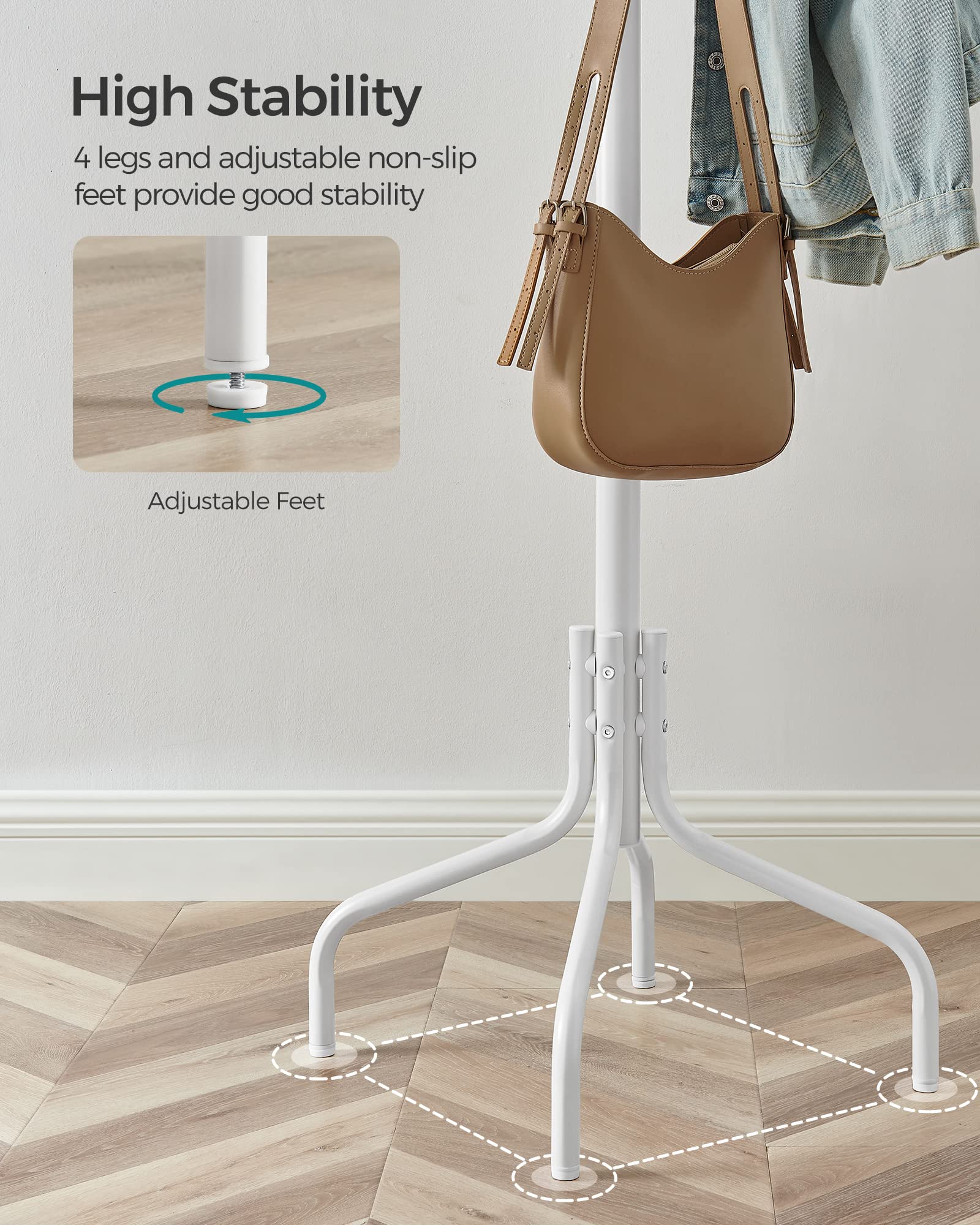 SONGMICS Metal Coat Rack – 12 Hooks & 4 Legs Standing Organizer, White