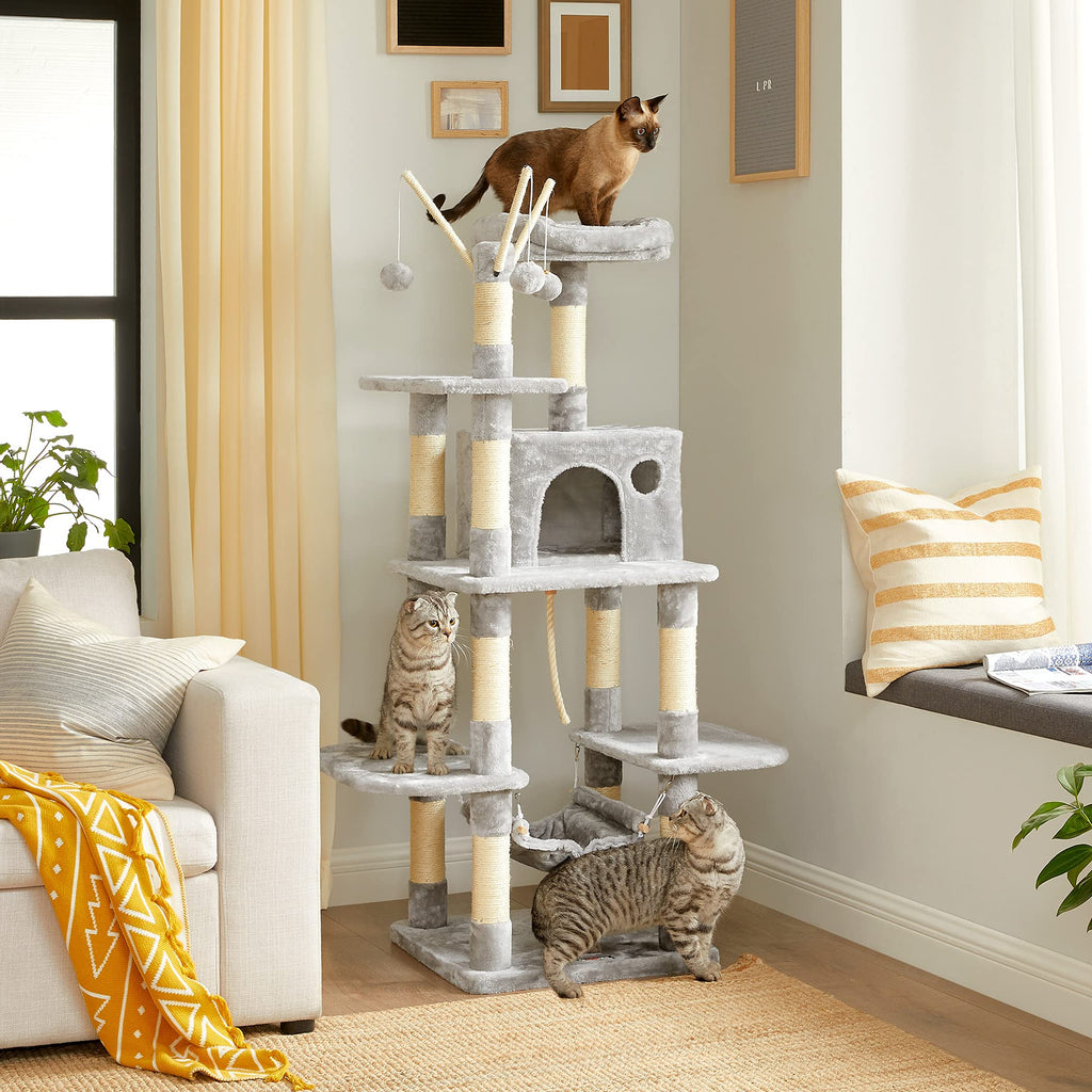 FEANDREA Cat Tree Tower with Condo, Hammock and Perch – Light Grey