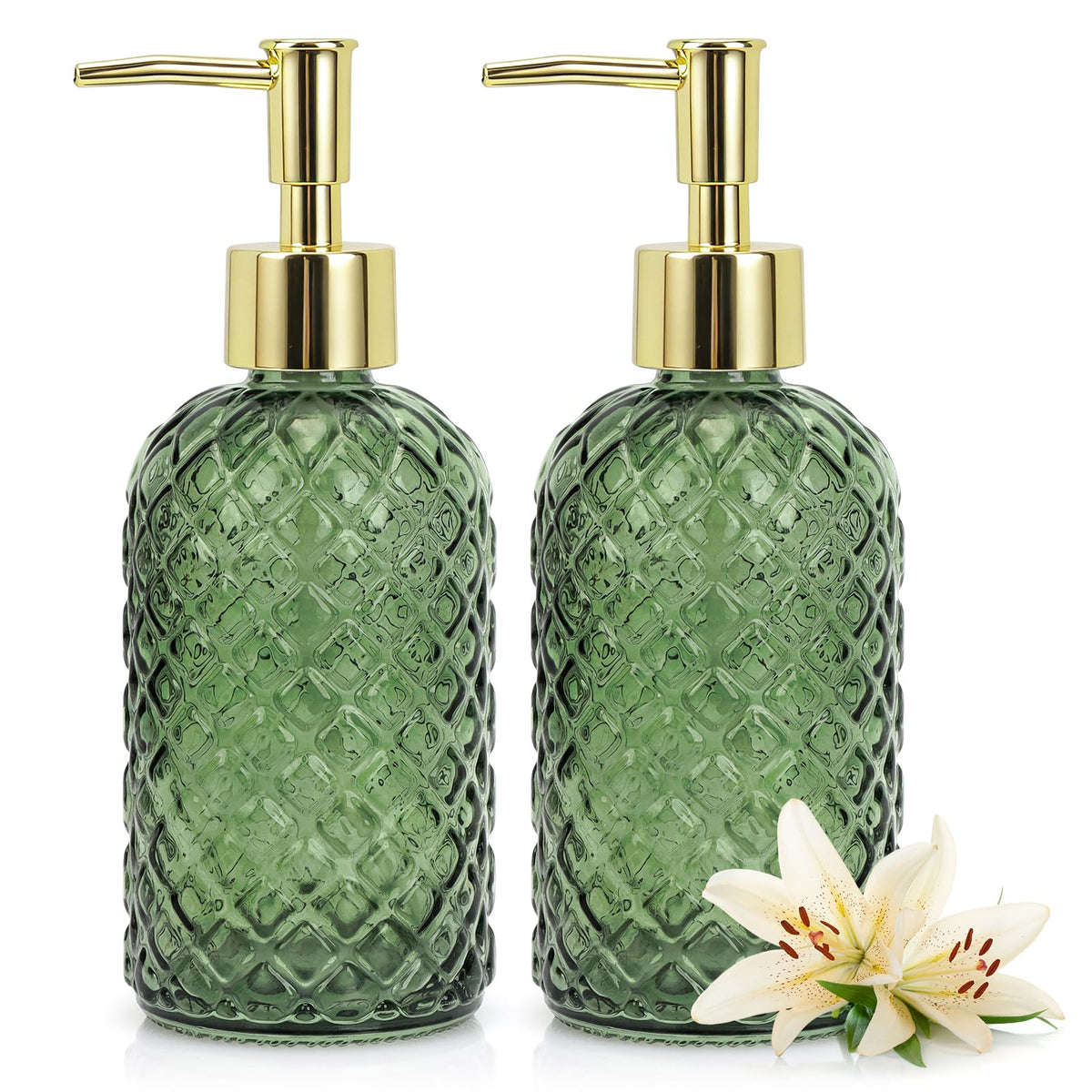 Soap Dispenser - 2 Pack, Clear Glass Refillable Hand Soap Dispensers, Hand and Dish Soap Dispenser, Soap Bottles with Gold Pump - image 1