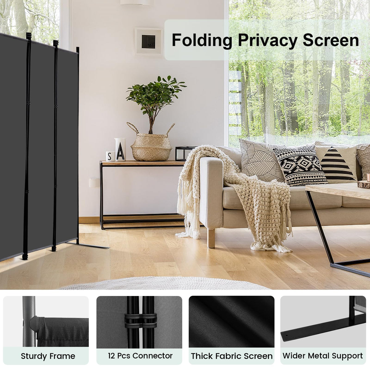 KEORTUN 4-Panel Room Dividers and Folding Privacy Screens 203W x183H cm Office Partition Freestanding Divider for Home Office, Grey - image 4