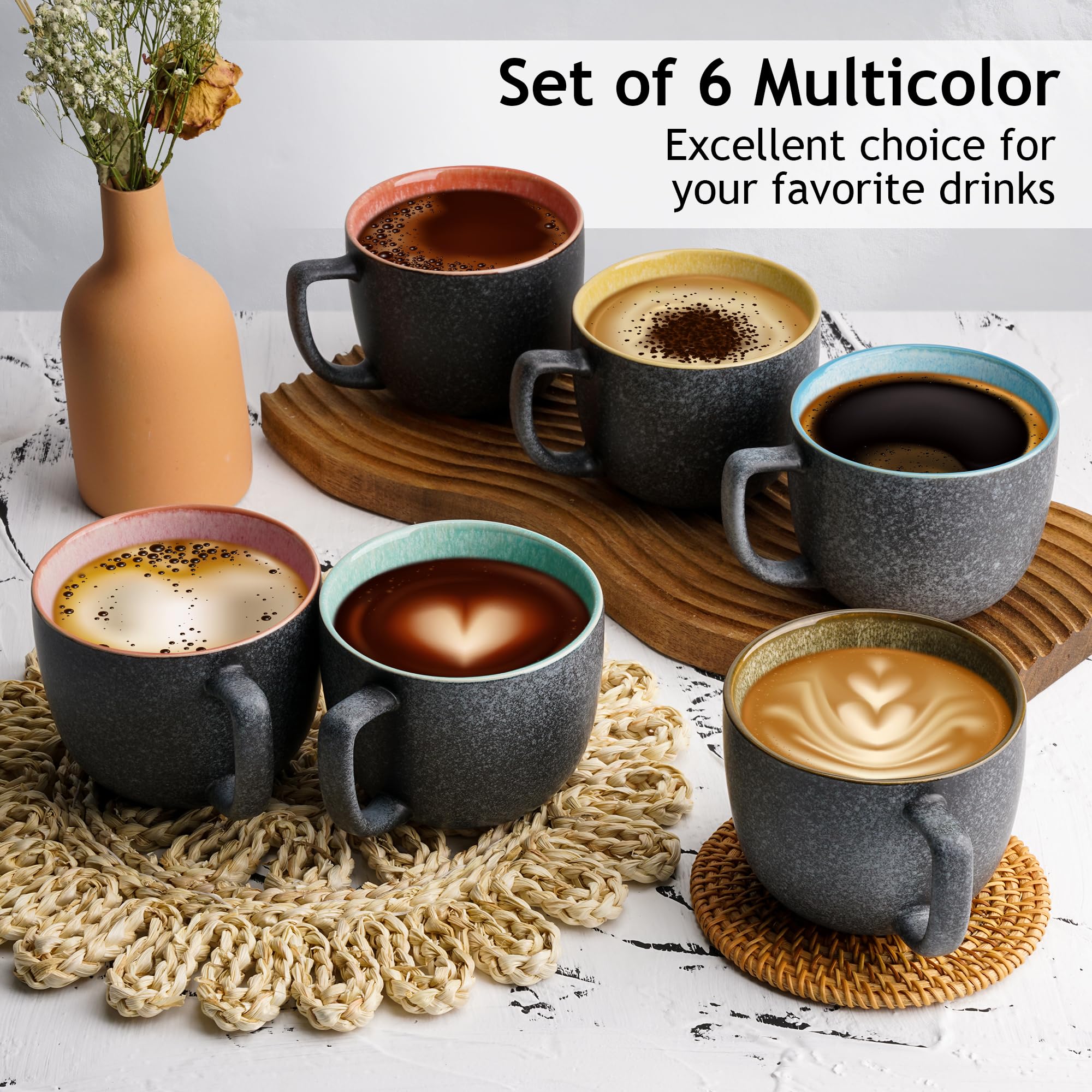 MIAMIO Las Palmitas 6-Piece Large Stoneware Coffee Mug Set - 470ml