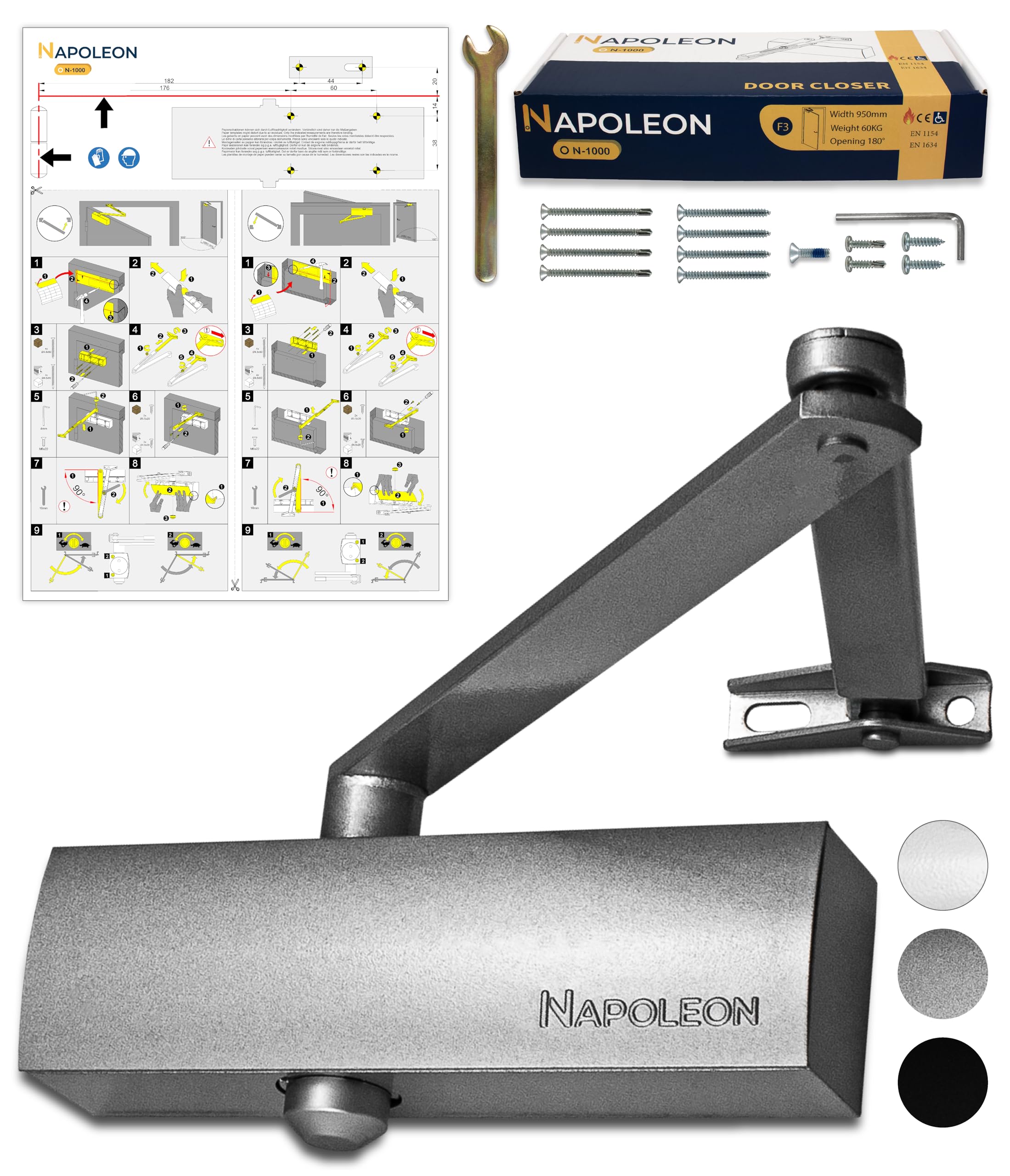 Napoleon N-1000 Automatic Door Closer | Size 3 Heavy Duty Silver