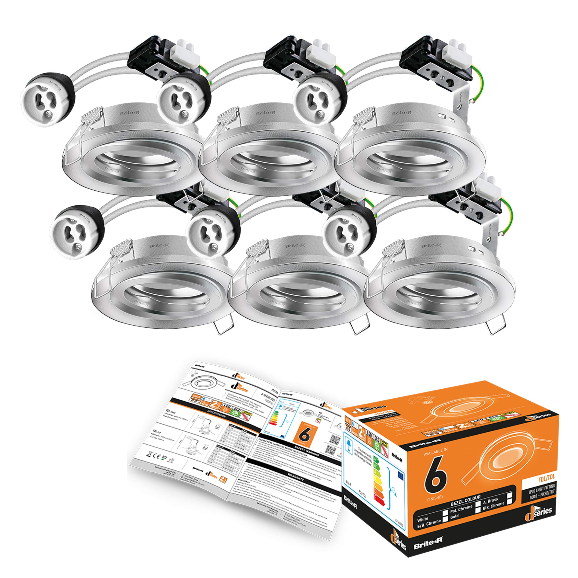 Brite-R 6-Pack GU10 Tilt Recessed Downlights | Satin Chrome Ceiling Spotlights