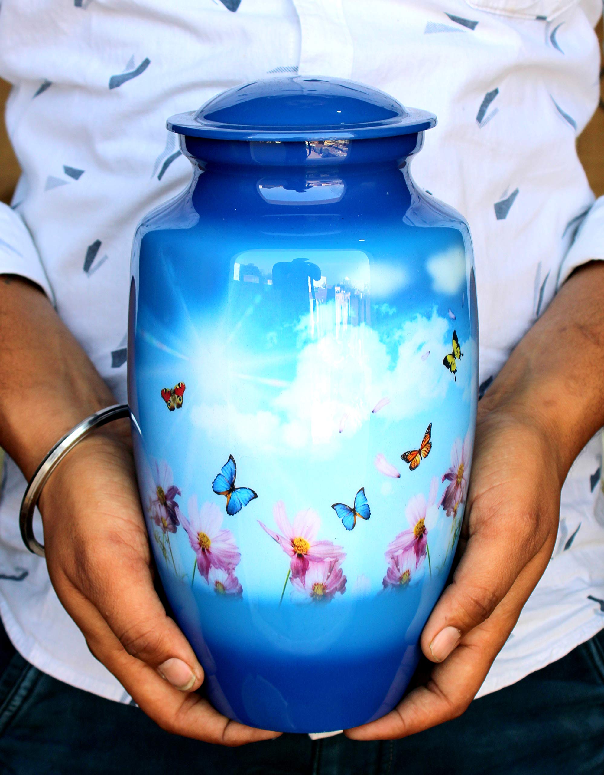 eSplanade Metal Cremation Urn - Blue Butterfly Memorial Jar for Ashes - 10"