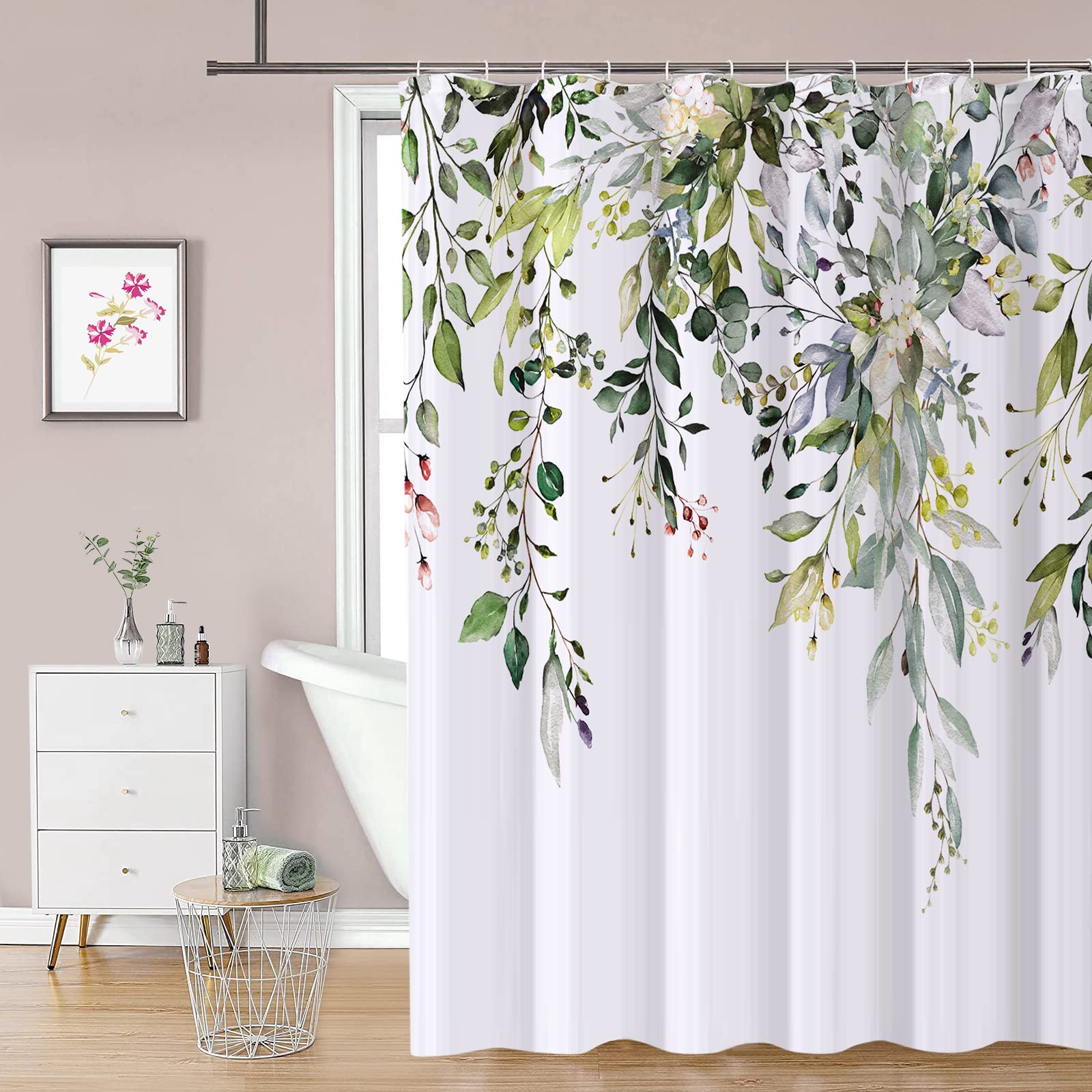 REZAYMRS Floral Shower Curtain | Waterproof Polyester with 12 Hooks – Green