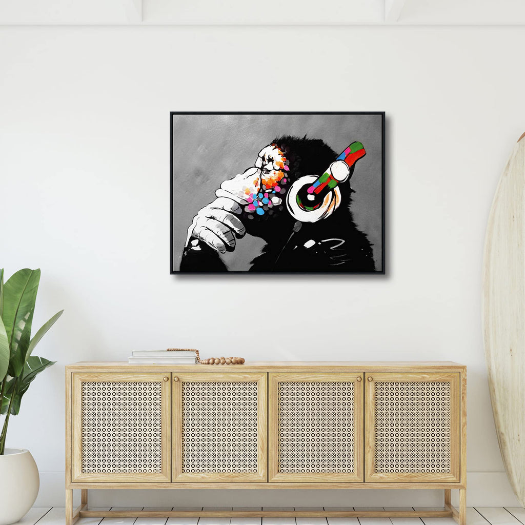 Banksy Monkey with Headphones Framed Canvas Wall Art – 33x25