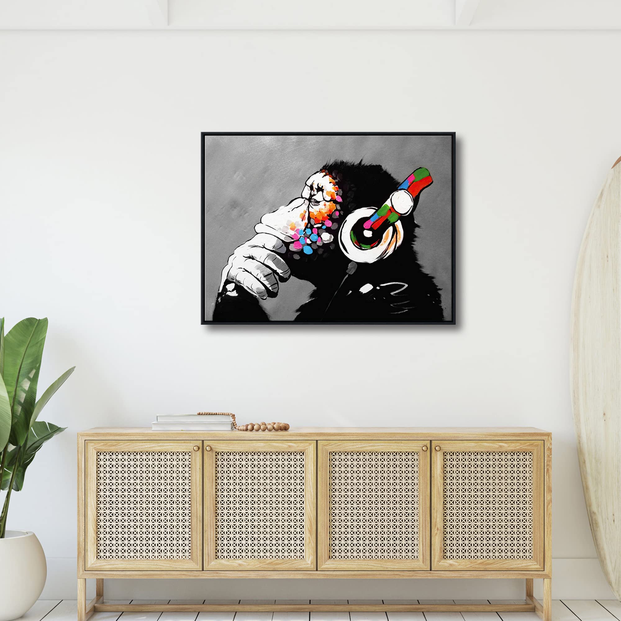 Banksy Monkey with Headphones Framed Canvas Wall Art – 33x25