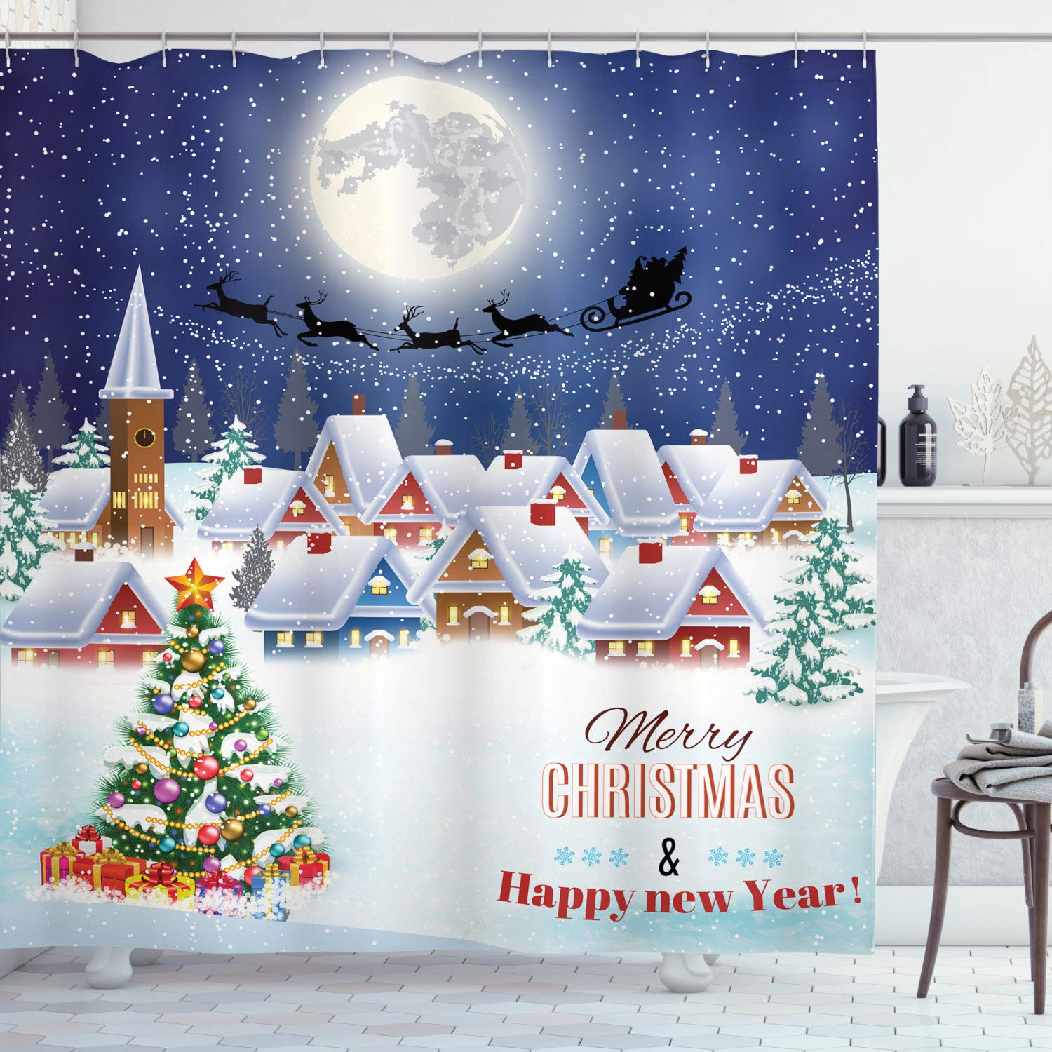 ABAKUHAUS Christmas Shower Curtain | Waterproof Fabric Decor with Hooks