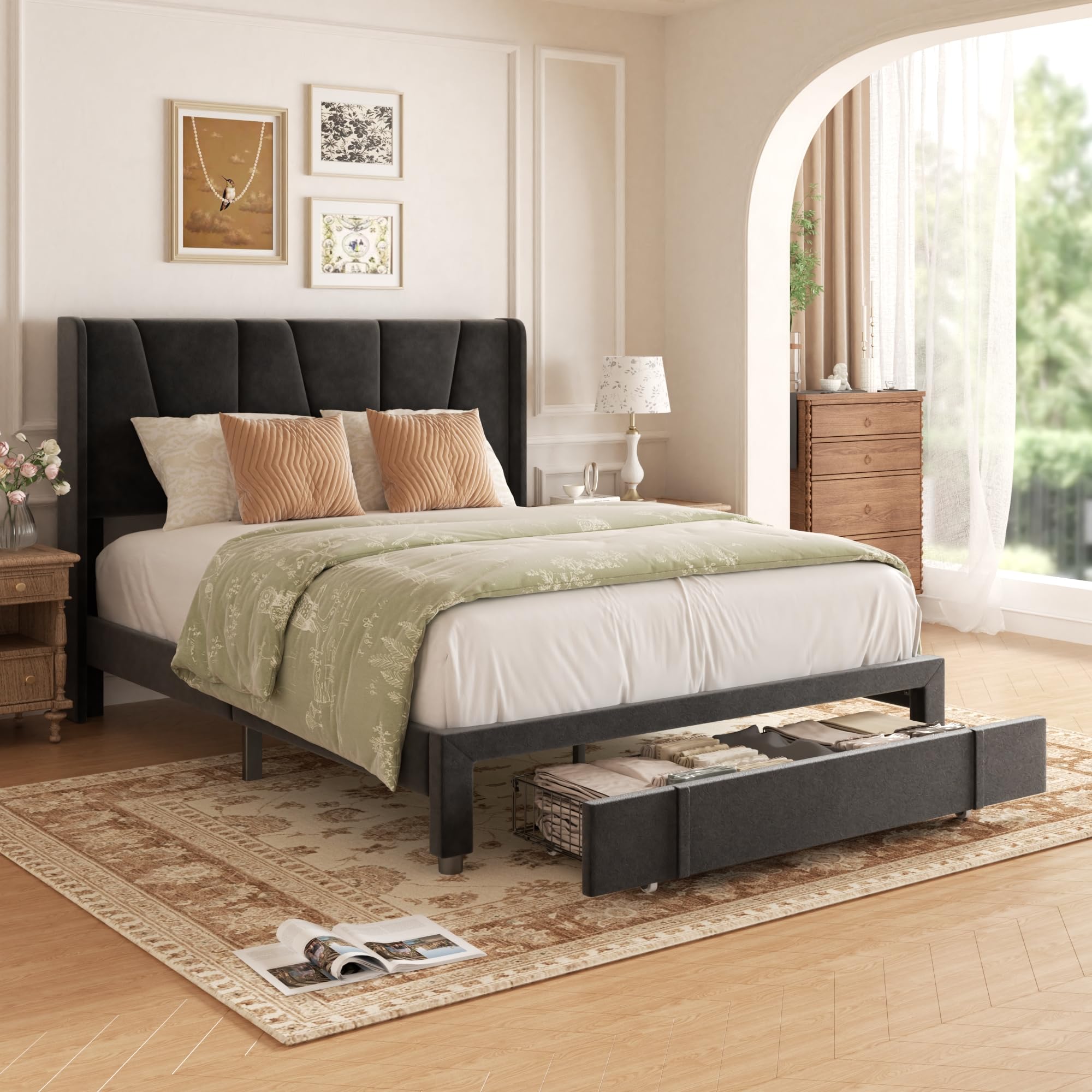 viplov King Size Upholstered Platform Bed with Storage Drawers & Velvet