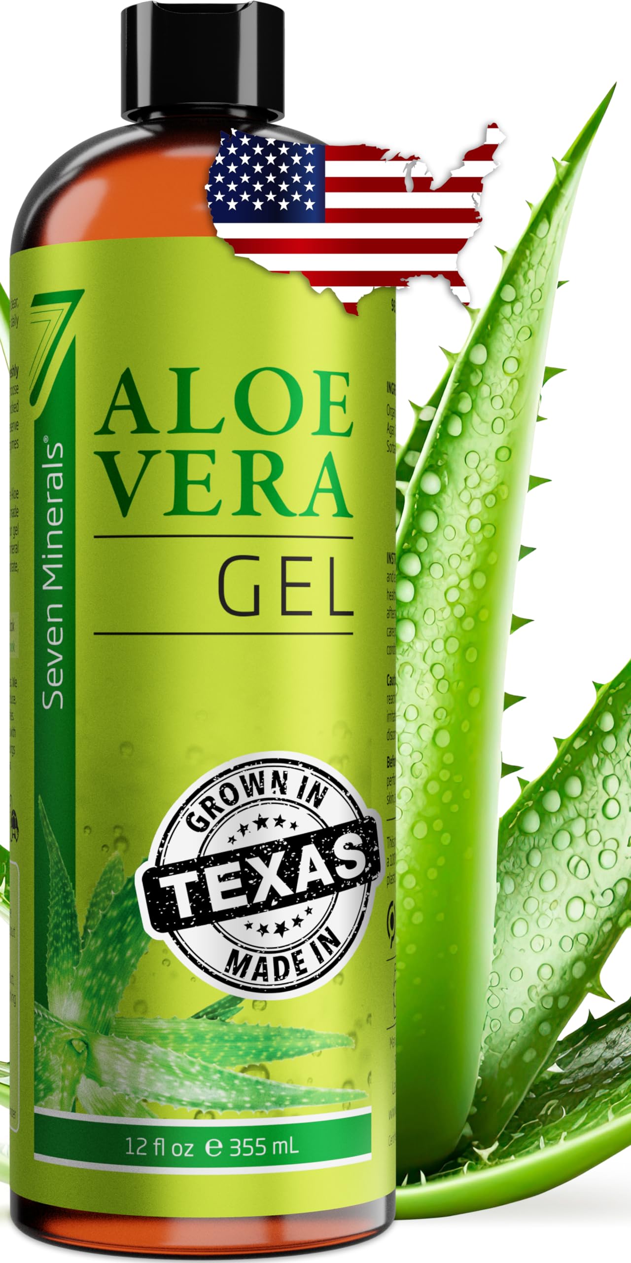 Seven Minerals Organic Aloe Vera Gel – 100% Pure Skin & Hair Care – 12 fl oz