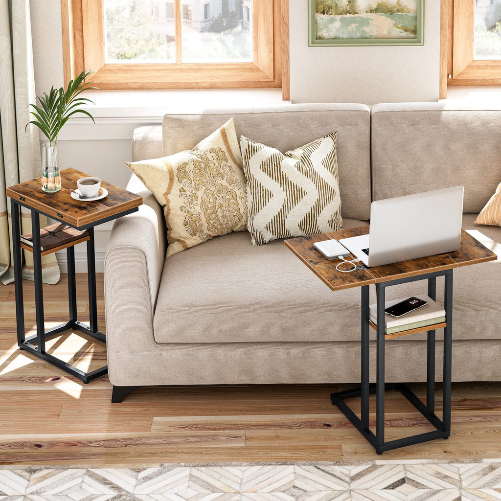 HOOBRO C Shaped Side Table – Foldable Laptop & Snack Table, Rustic Brown