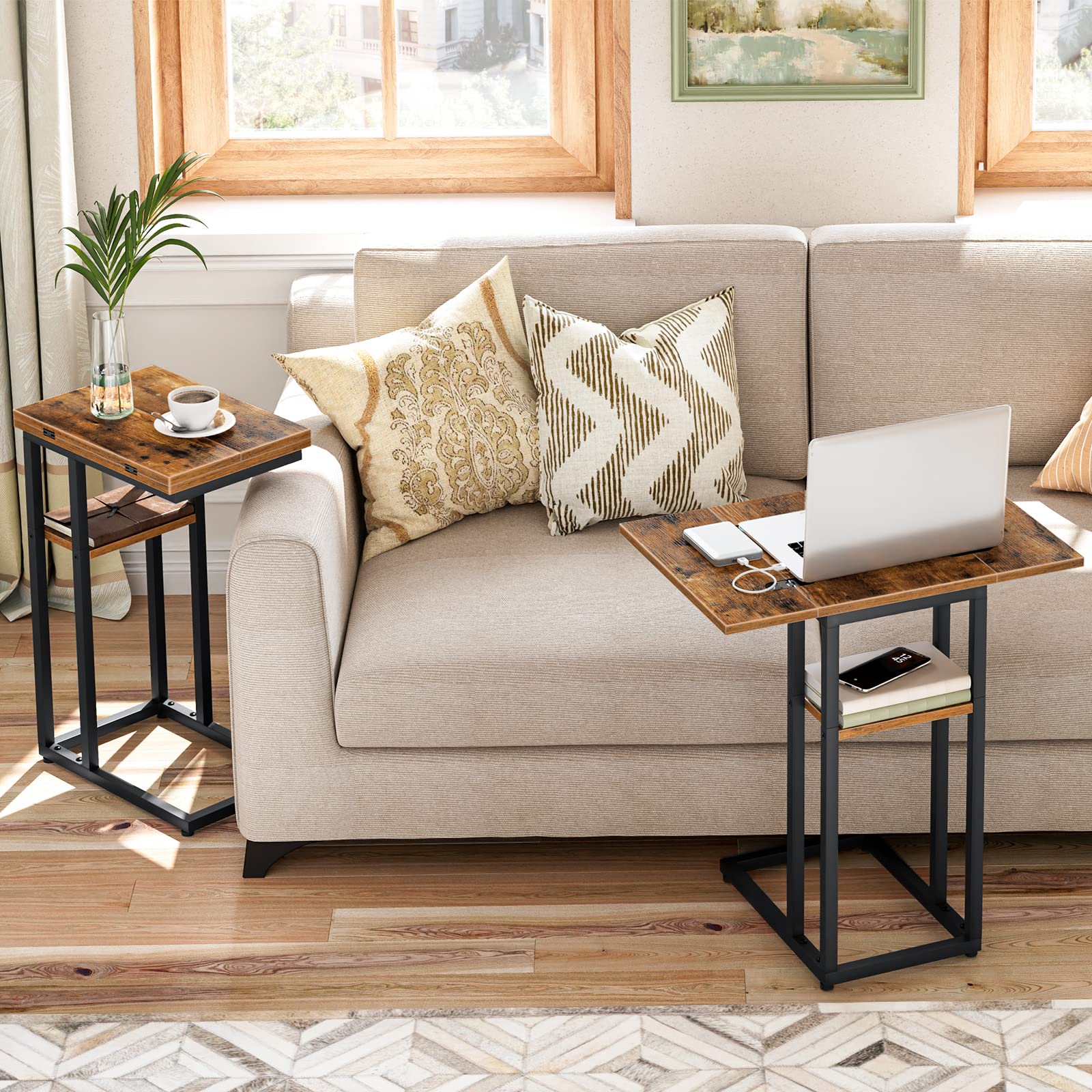 HOOBRO C Shaped Side Table – Foldable Laptop & Snack Table, Rustic Brown