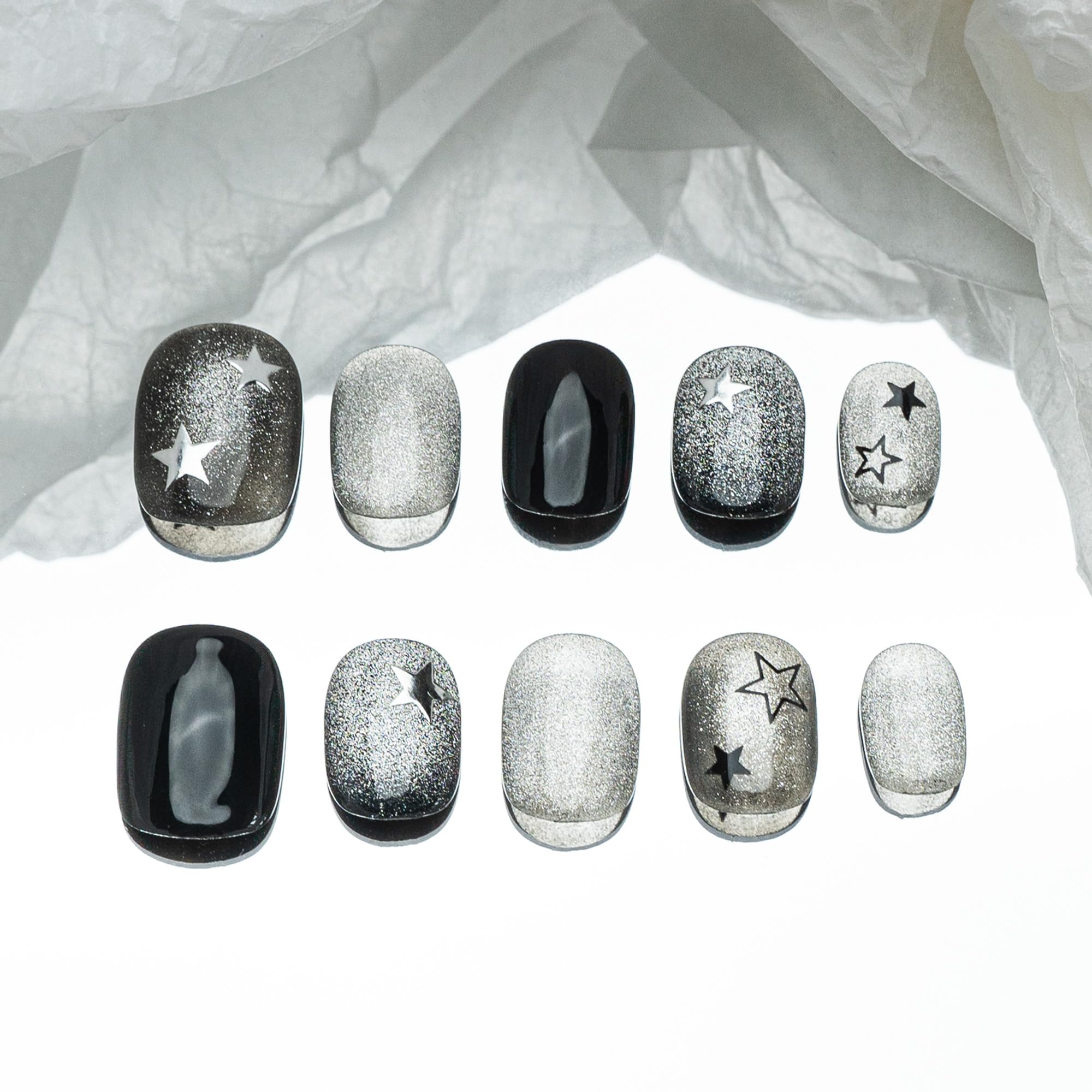 Sun&Beam Nails Handmade Press-on Nails | Black Silver Magnet Star Design