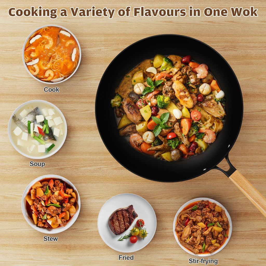 Jobin 30cm Carbon Steel Wok with Lid – Non-Stick Stir Fry Pan for Induction