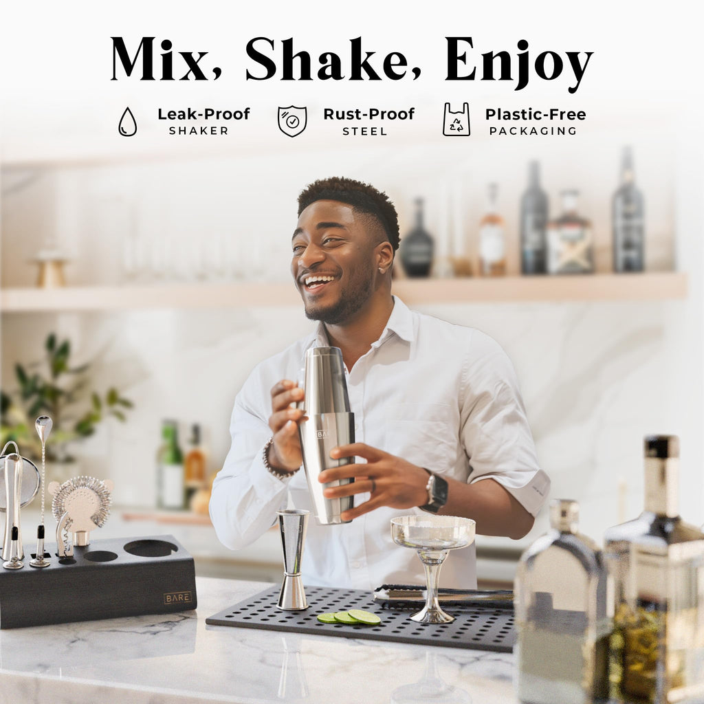 Bare Barrel 14-Piece Cocktail Making Kit with Bamboo Stand & Recipes