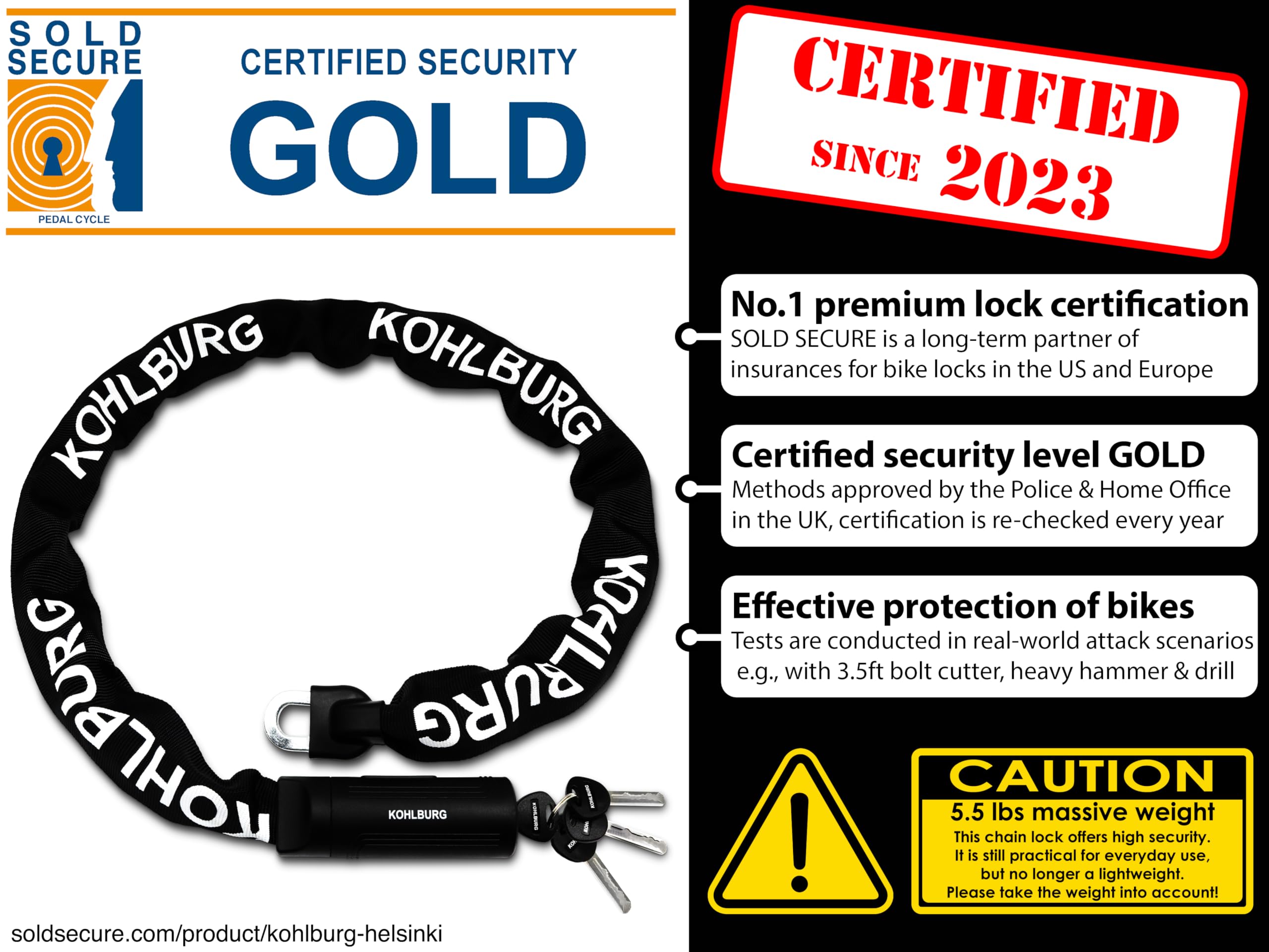 KOHLBURG Heavy Duty Bike Chain Lock - Sold Secure Gold, 4ft Hardened Steel