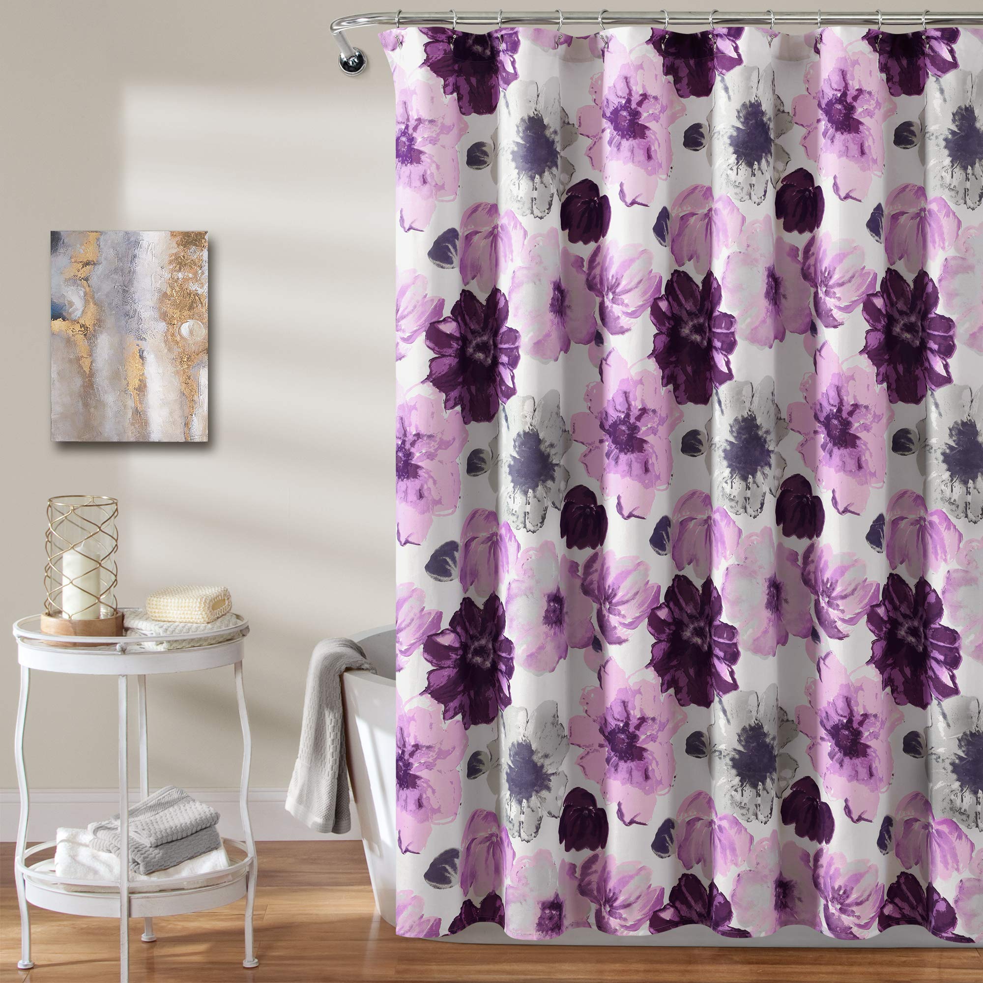 Lush Decor Leah Floral Shower Curtain | Purple & Gray Microfiber, 72x72