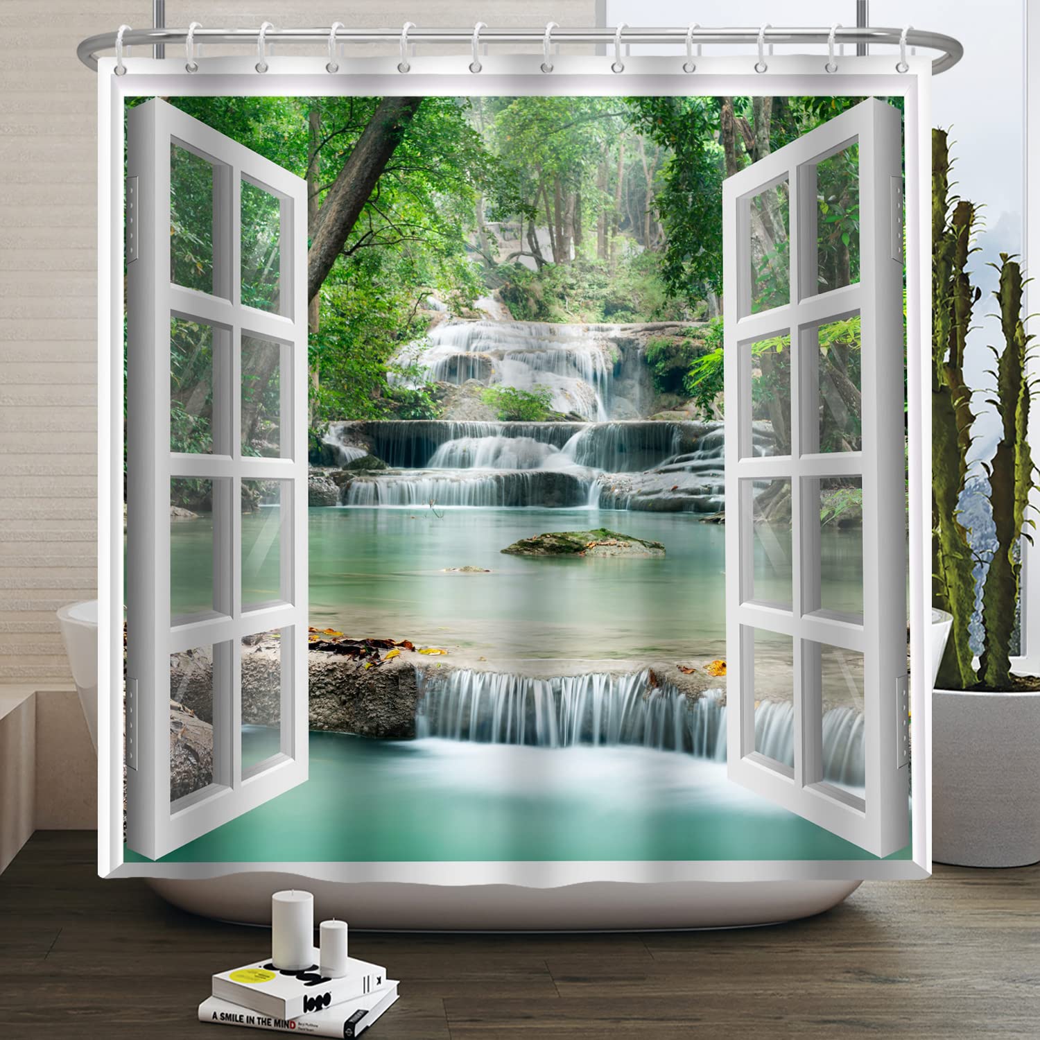 SDOTPMT Spring Waterfall Window View Shower Curtain | 72x96 Waterproof Fabric