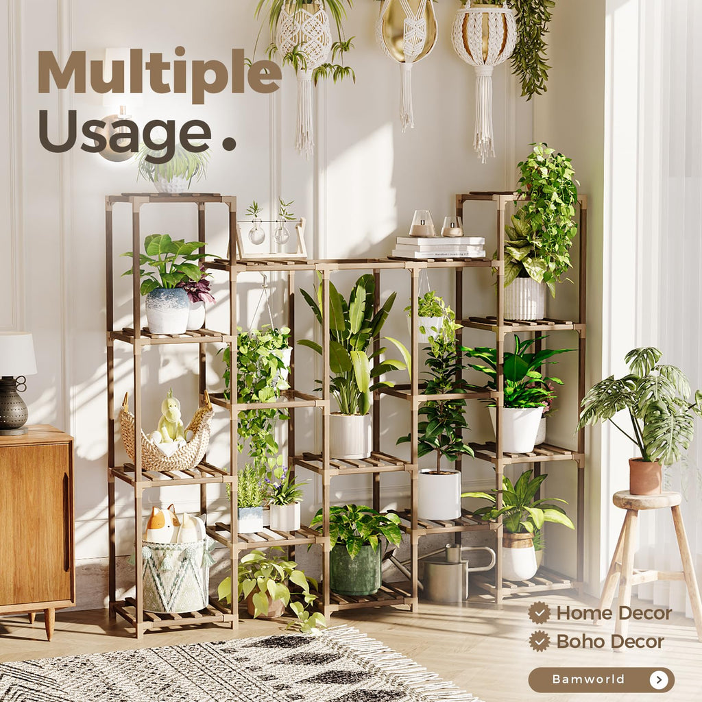 Bamworld 12-Pot Wooden Plant Stand – Large Indoor Outdoor Flower Shelf