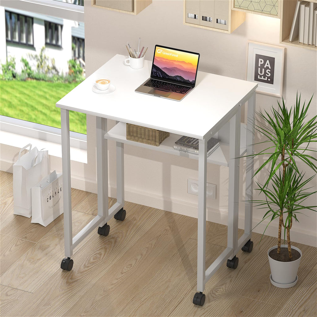 GreenForest Small Folding Computer Desk with Storage Shelf and Wheels