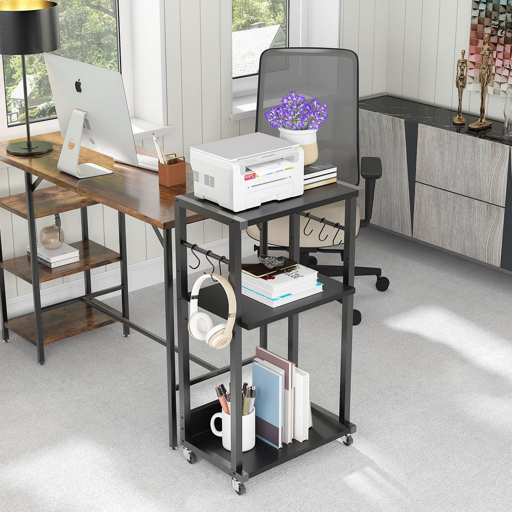 YMYNY 3-Tier Mobile Printer Stand | Adjustable Wood Rolling Cart on Wheels