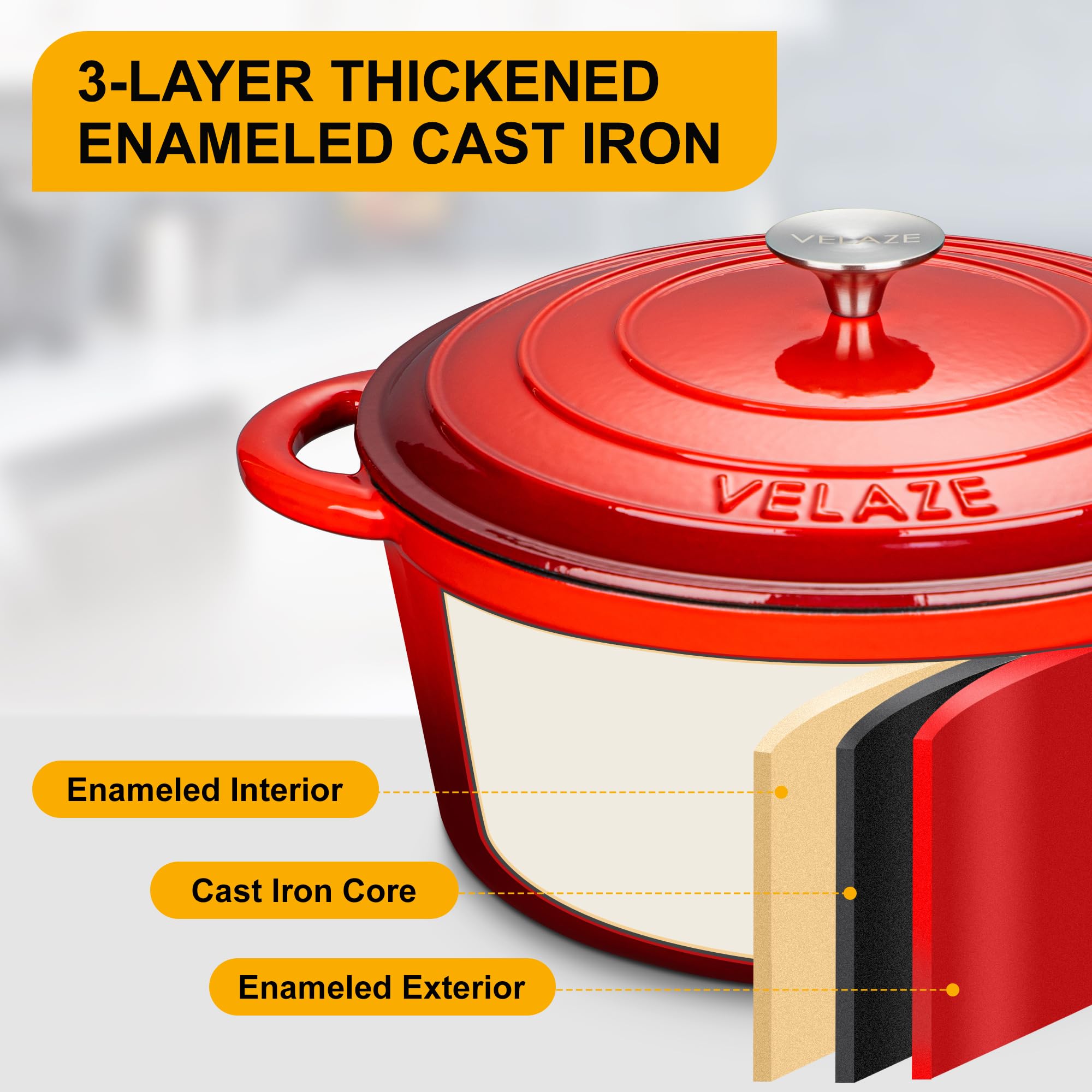 Velaze Enameled Cast Iron Dutch Oven – 7.5L Round Casserole Dish, Red