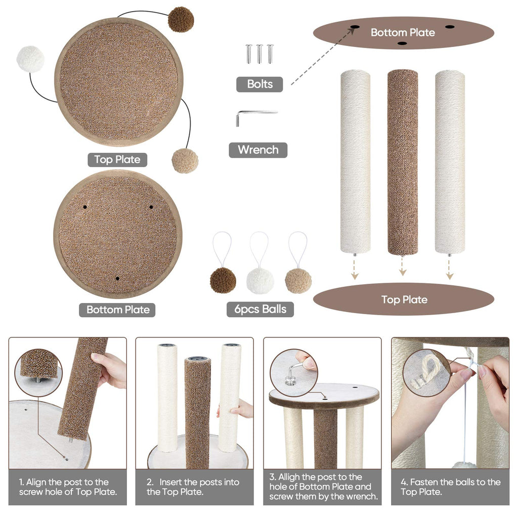 Aibuddy Cat Scratching Post – 3-Post Sisal Tower with Perch and Toys