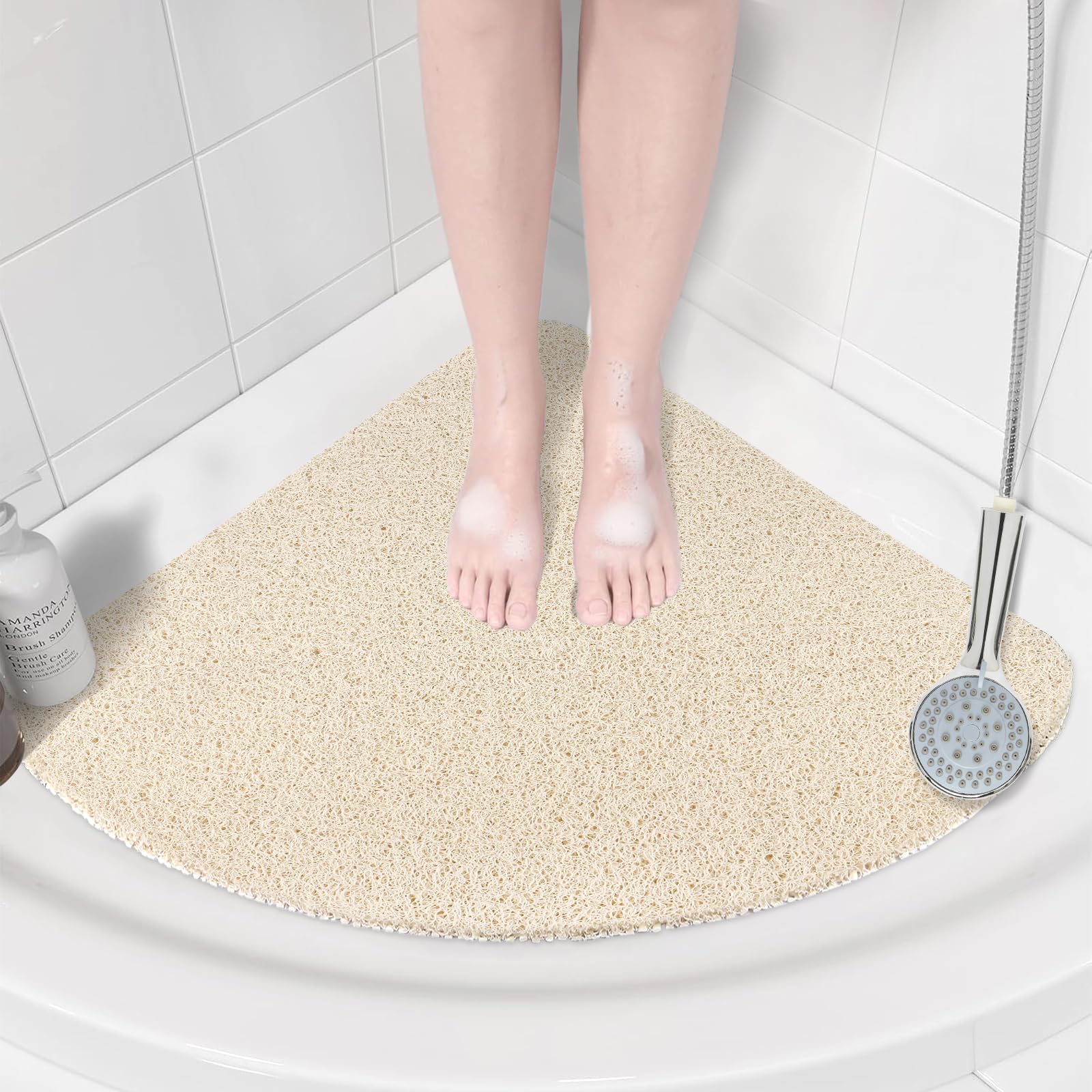 Corner Shower Mat – 53x53cm Non-Slip Loofah Bath Mat Beige