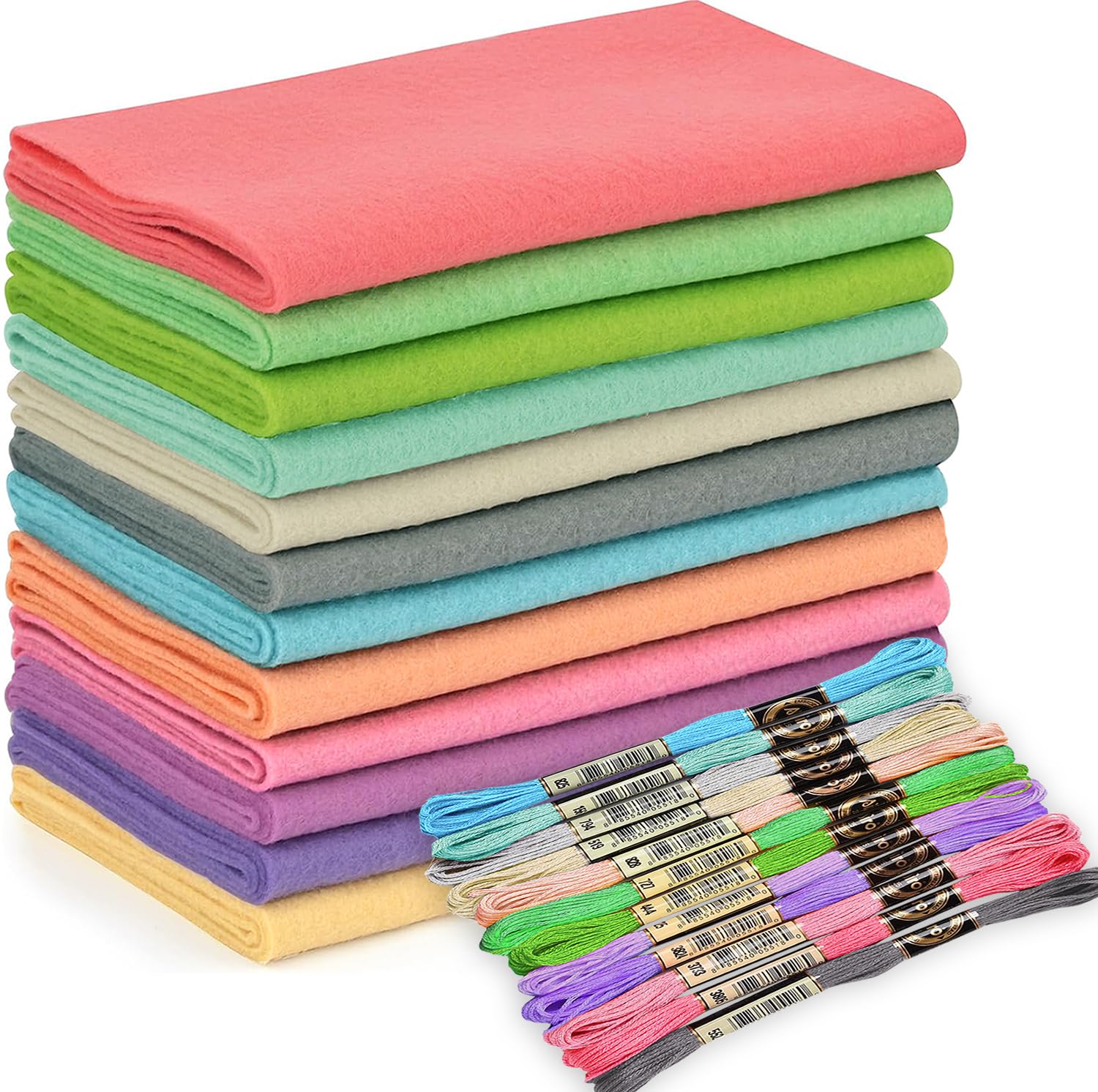 Wonninek 12-Roll Morandi Felt Fabric Sheets with Embroidery Thread