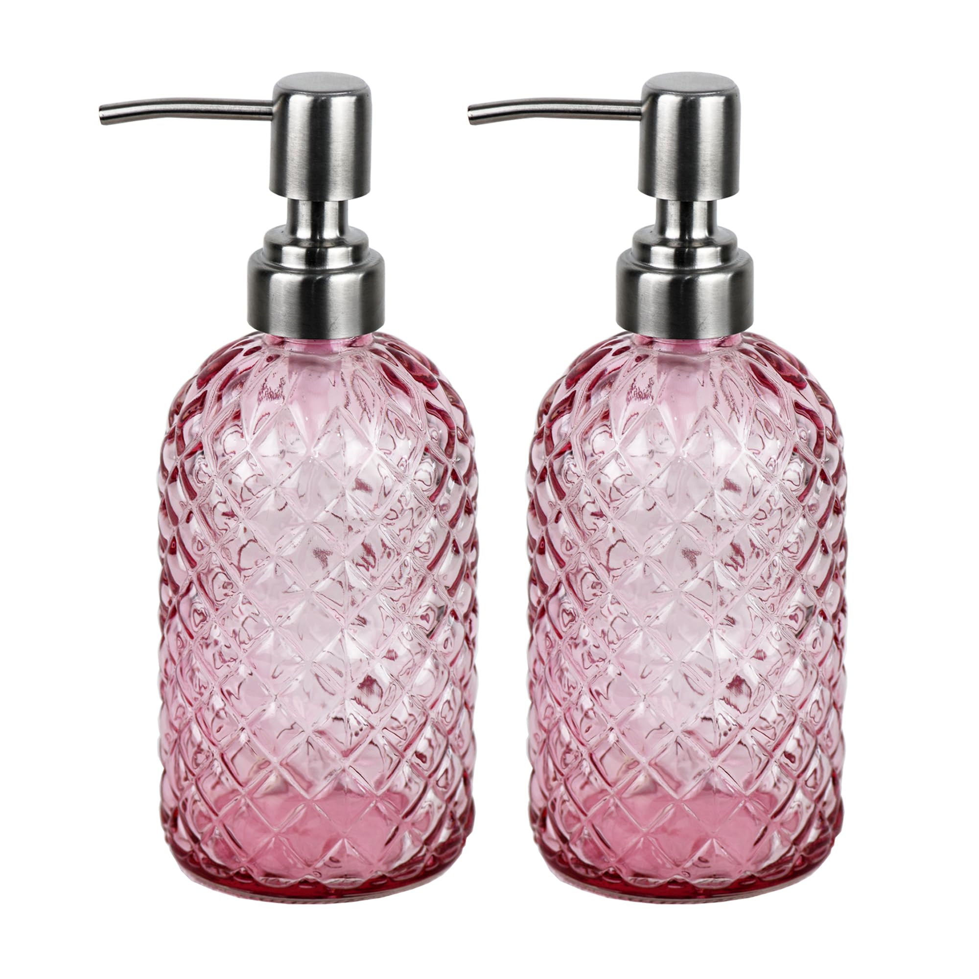 Funly mee Glass Soap Dispenser Set | 16oz Pink Bottle with Steel Pump