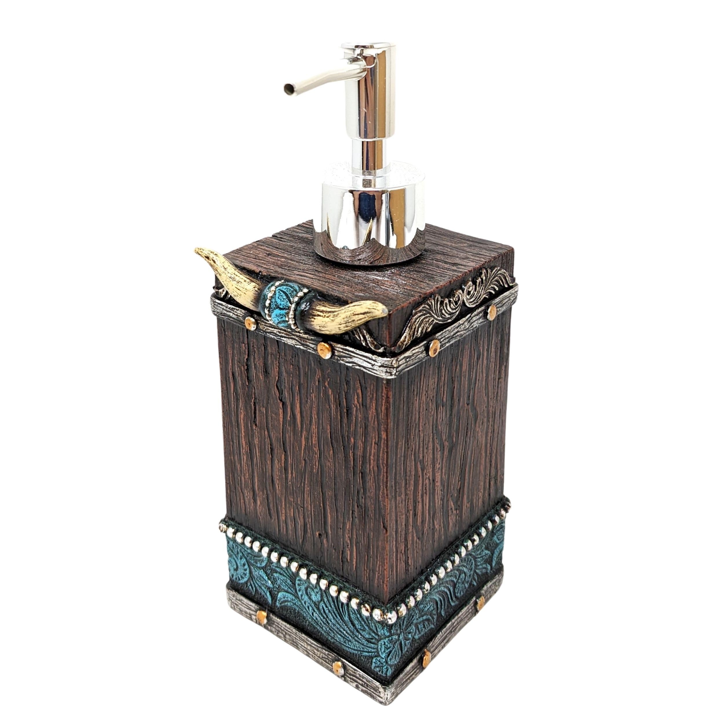 Jolof Store Southwestern Soap Dispenser – Tooled Leather & Horn Resin Pump