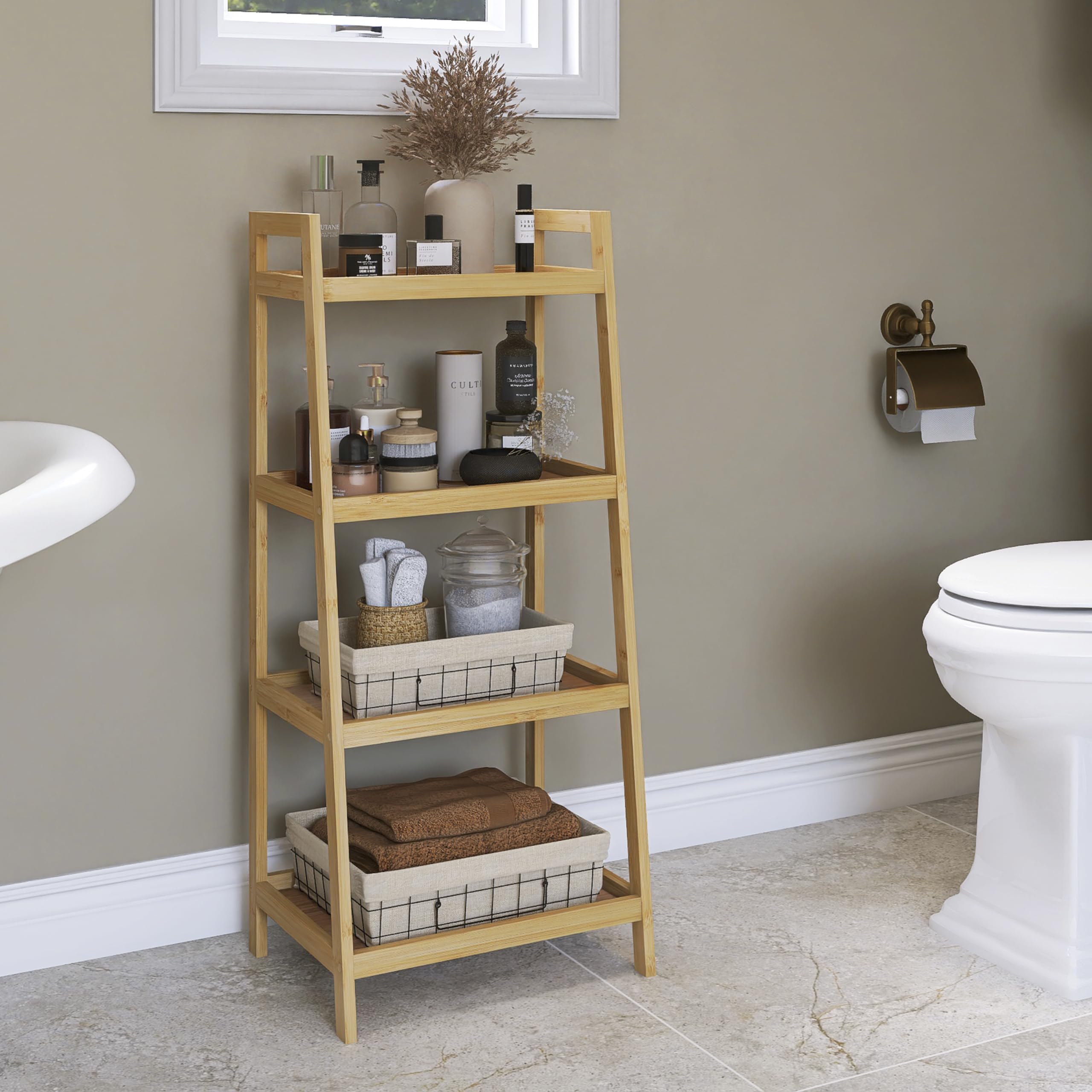 SMIBUY 4-Tier Bamboo Ladder Bookcase | Freestanding Plant Stand & Shelf