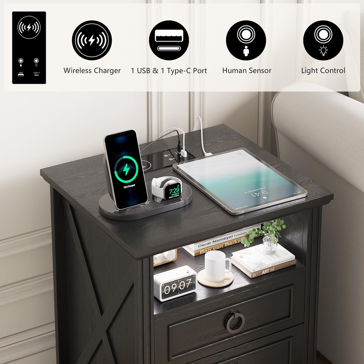 FREDEES LED Bedside Table with Charging Station, Black - image 5