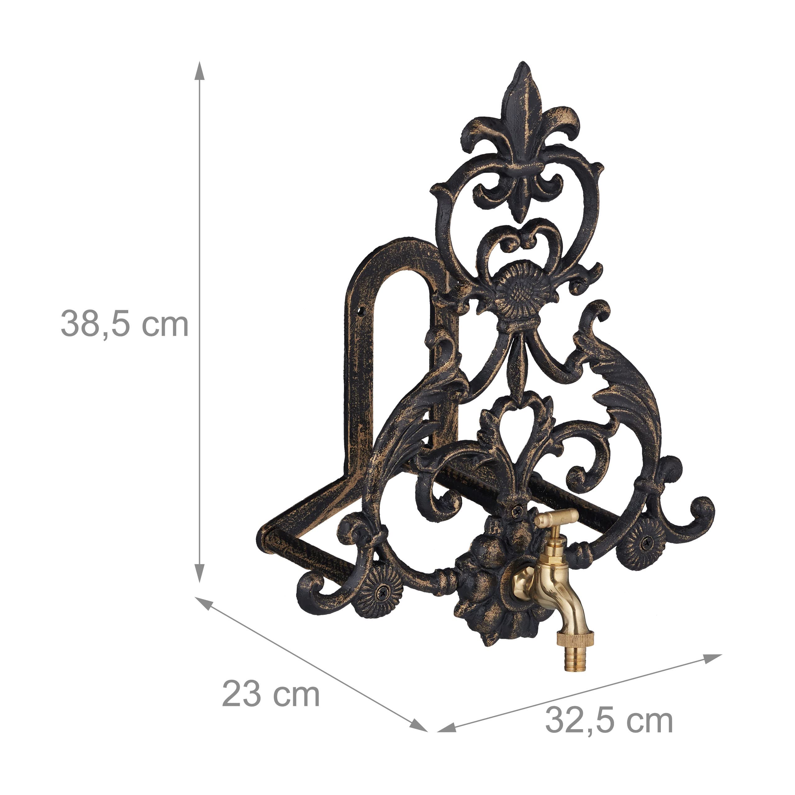 Relaxdays Vintage Iron Wall Hose Reel with Faucet - Black & Gold
