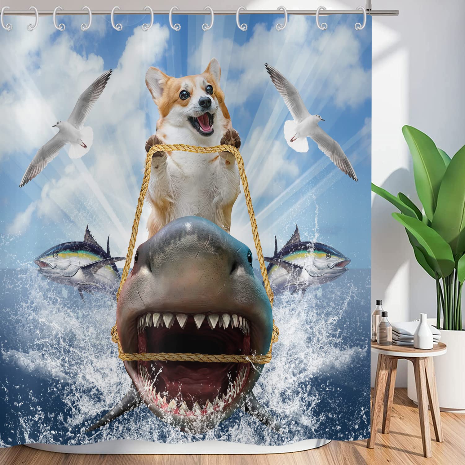 Funny Dog Ride Shark Shower Curtain | Waterproof Polyester