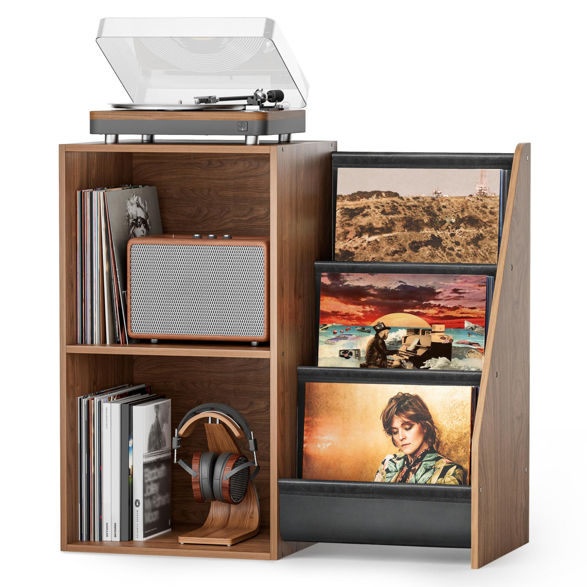 Bikoney Record Player Stand with 3-Tier Vinyl Storage for 220 LPs - Walnut - image 1