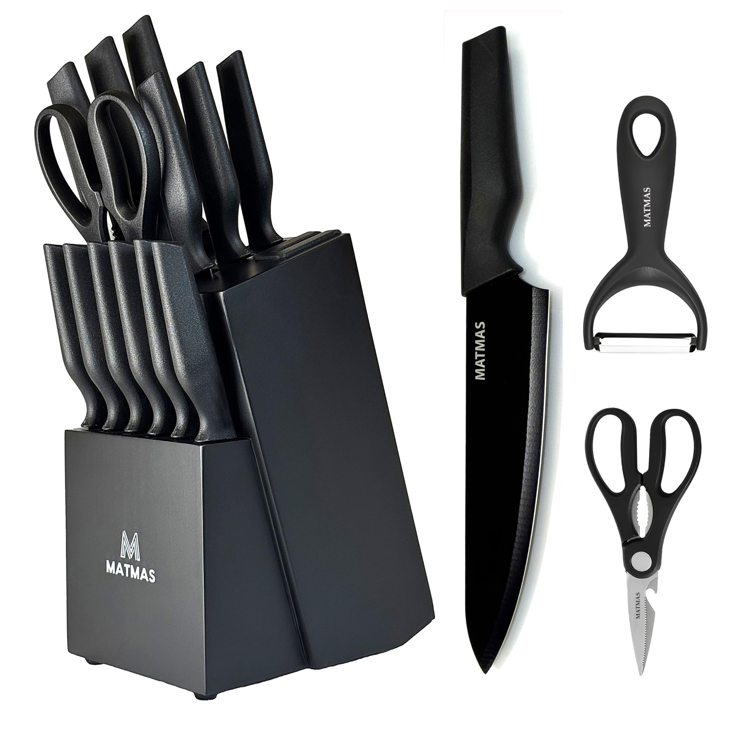 MATMAS 15-Piece Kitchen Knife Set with Block and Built-in Sharpener