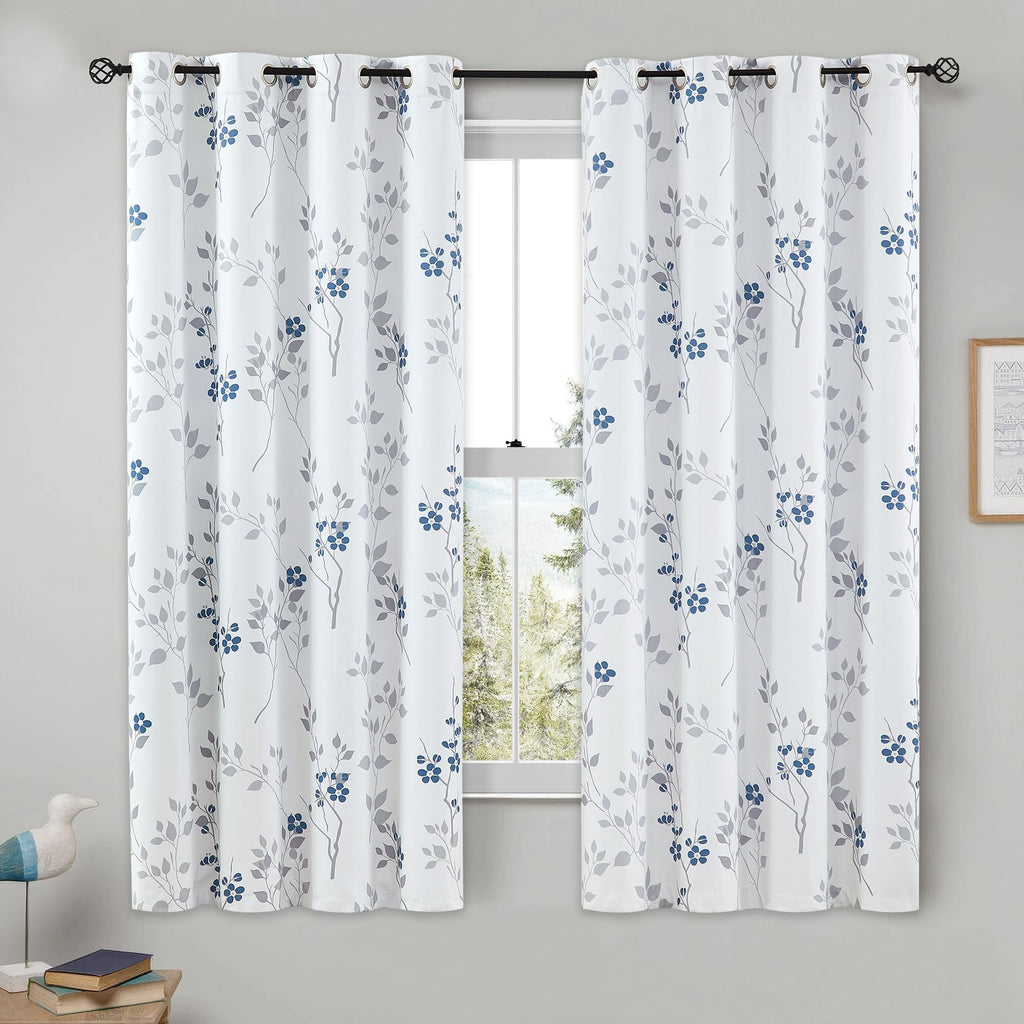 Beauoop Blue Grey Floral Blackout Curtains | Thermal Insulated 2 Panels
