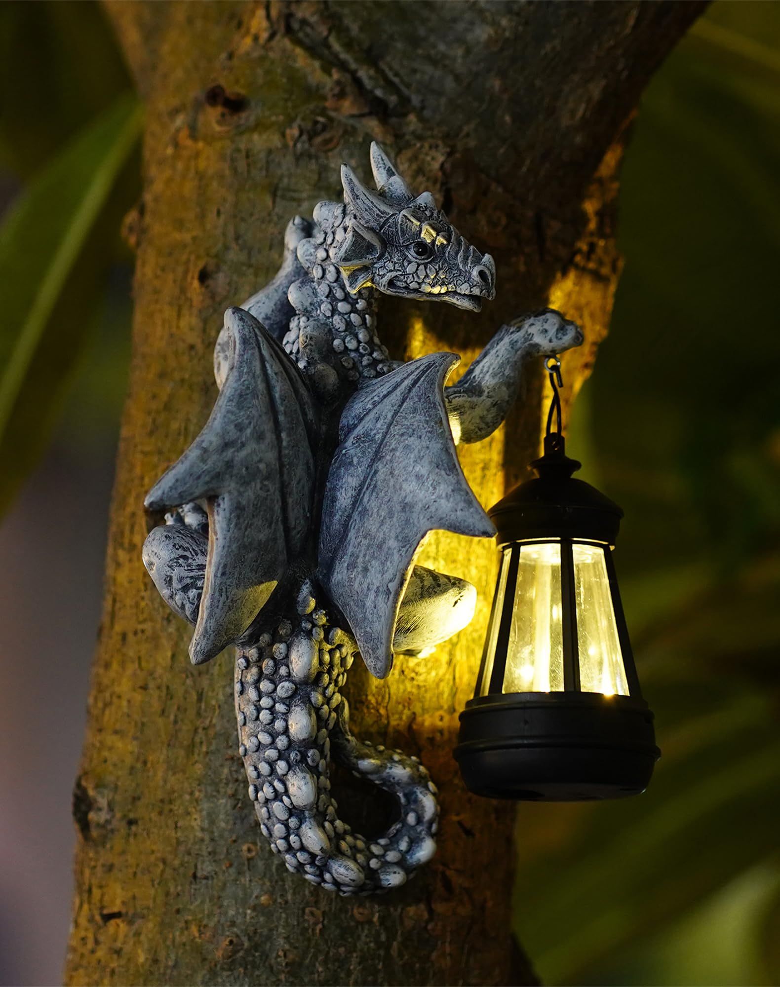 Jolof Store Garden Dragon Statue with Solar Lantern – Resin Tree Hugger Decor