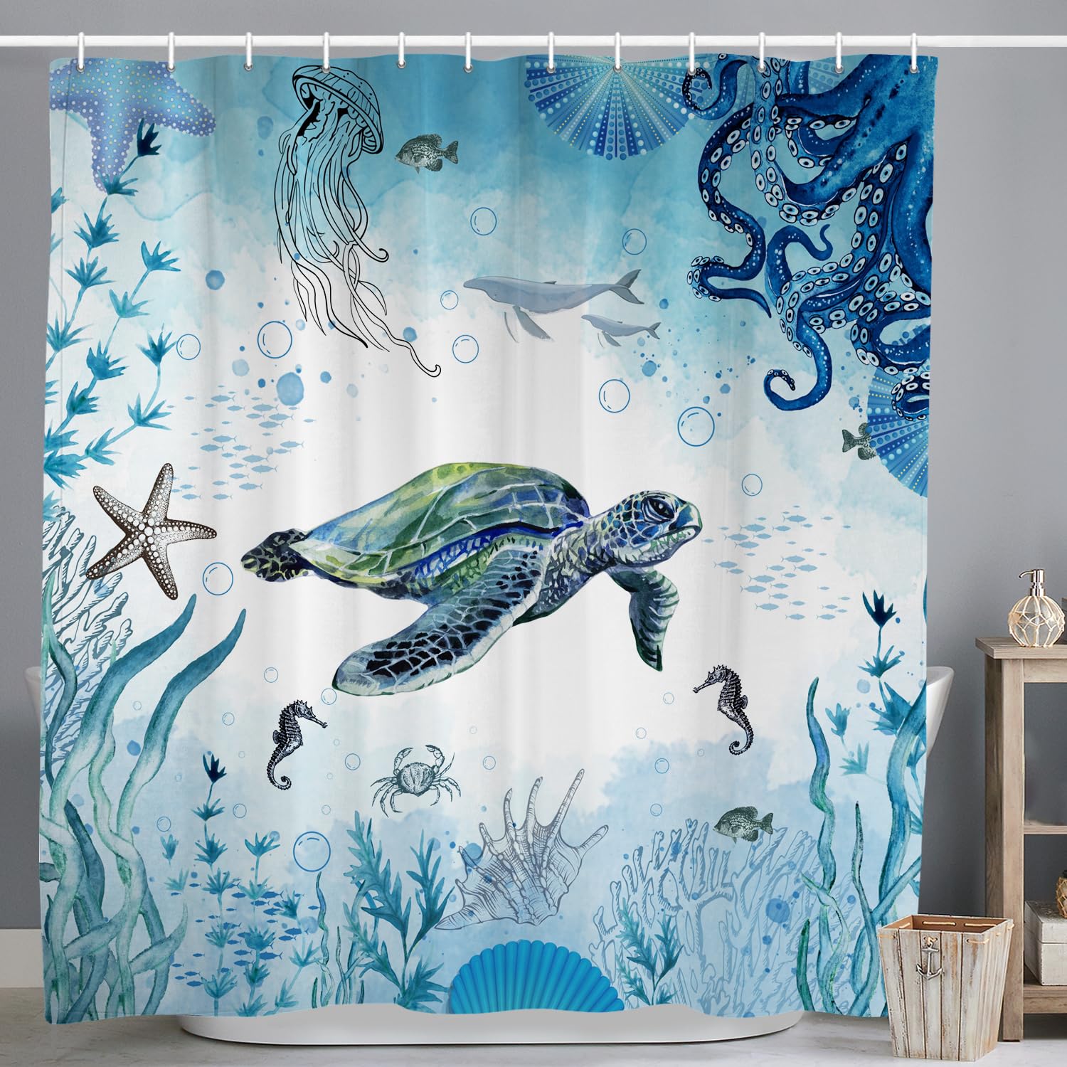 Maritime Shower Curtain – Nautical Sea Animal Polyester, 180x180cm