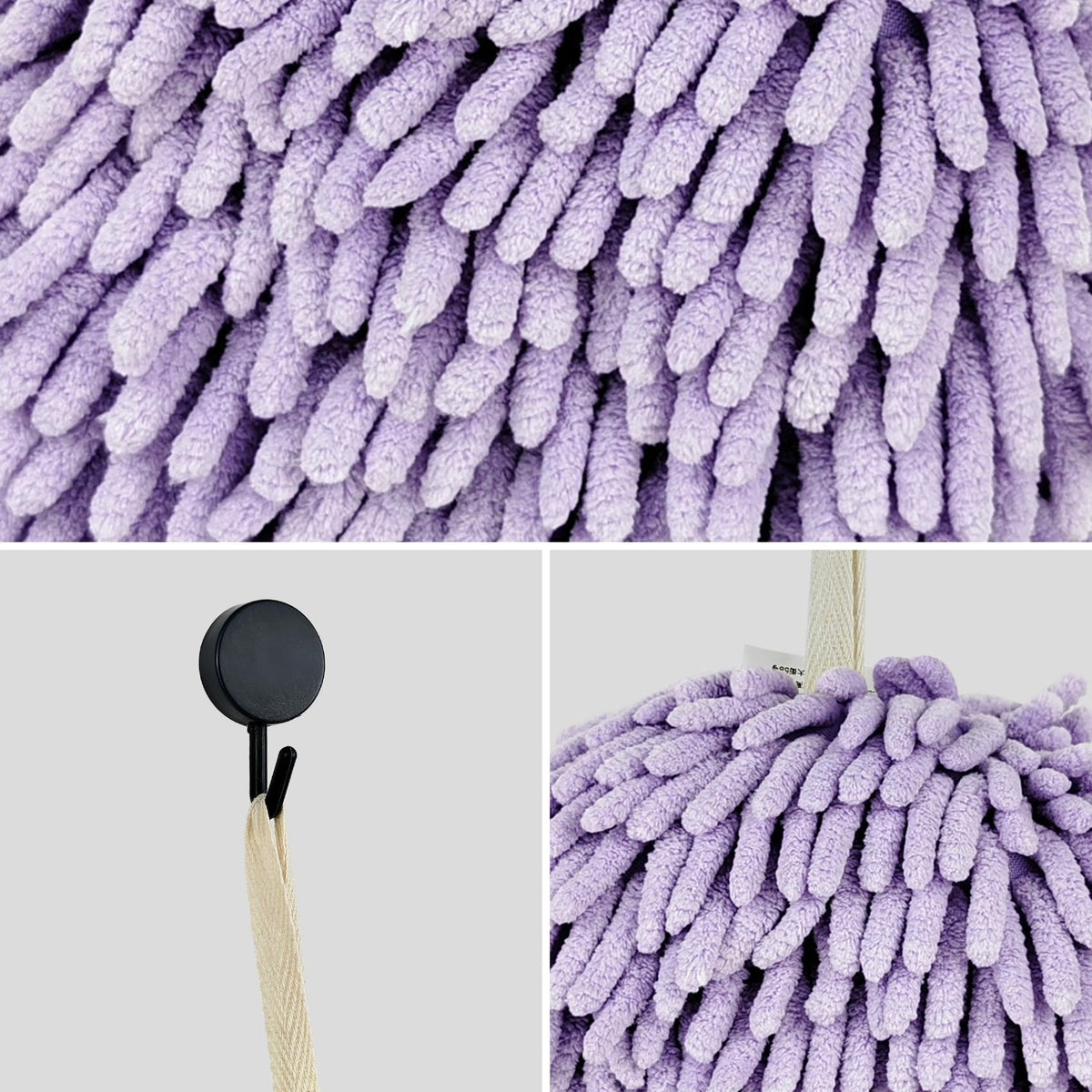 Fuzzy Ball Hand Towels, Set of 2, Chenille Quick Dry, 6.9inchPurple