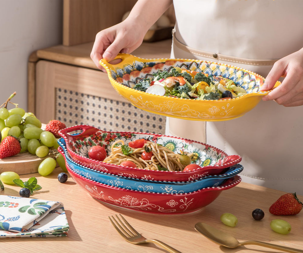 Henten Home Porcelain Salad Bowl Set of 4 | 32oz Bohemian Pasta Bowls